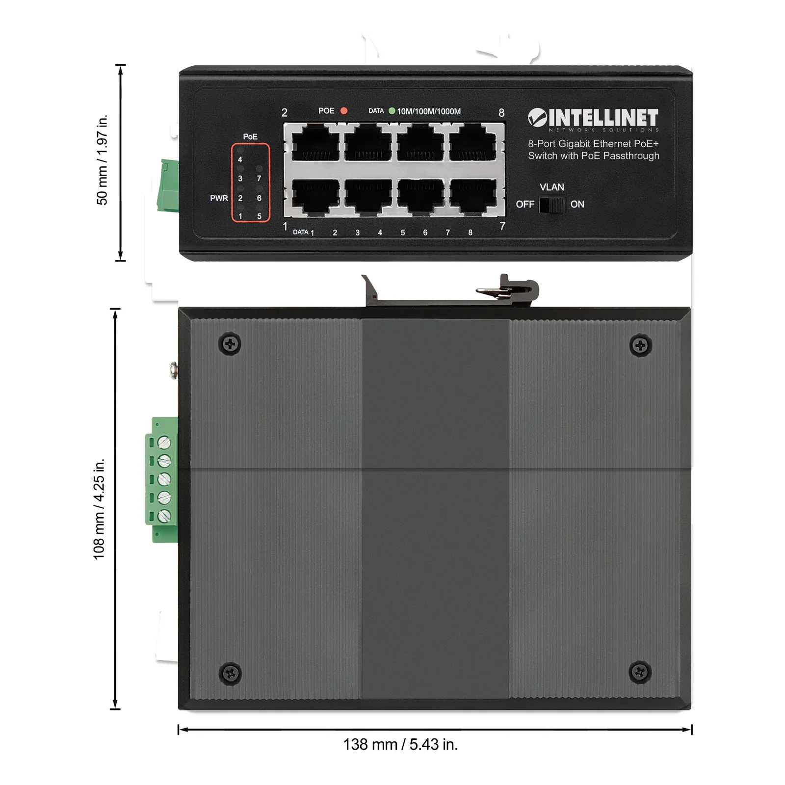 Intellinet Commutateur réseau (switch) industriel Gigabit Ethernet PoE+ 8 ports avec passthrough PoE, 1 port PD PoE 95 W, 7 ports PSE PoE, budget PoE jusqu’à 120 W, IEEE 802.3at/af, montage sur rail DIN, garantie de 3 ans