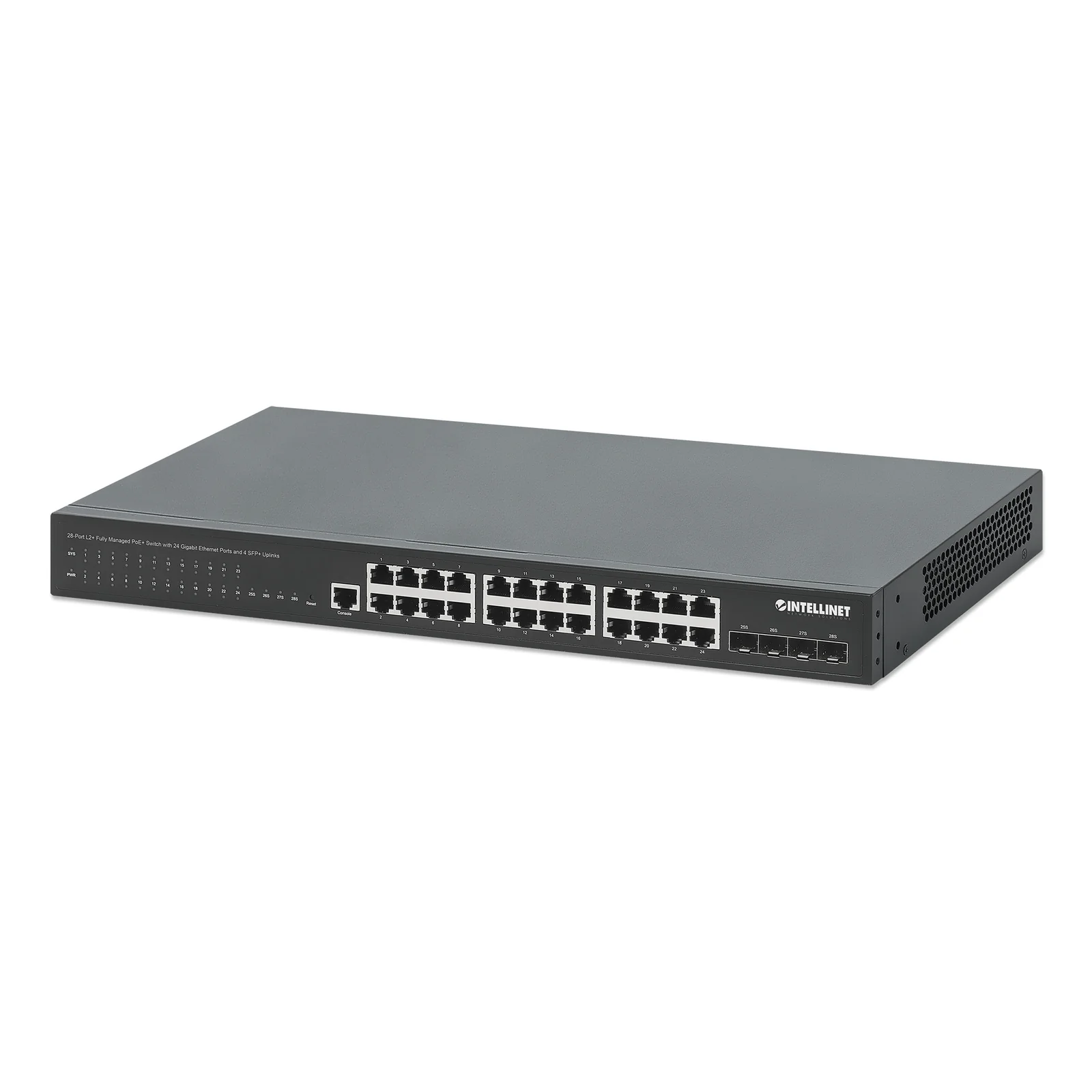 Commutateur réseau (switch) PoE+ entièrement administrable L2+ 28 ports avec 24 ports Gigabit Ethernet et 4 liaisons montantes SFP+ 10G, IEEE 802.3at/af, budget PoE 370 W, rack 19", garantie de 3 ans