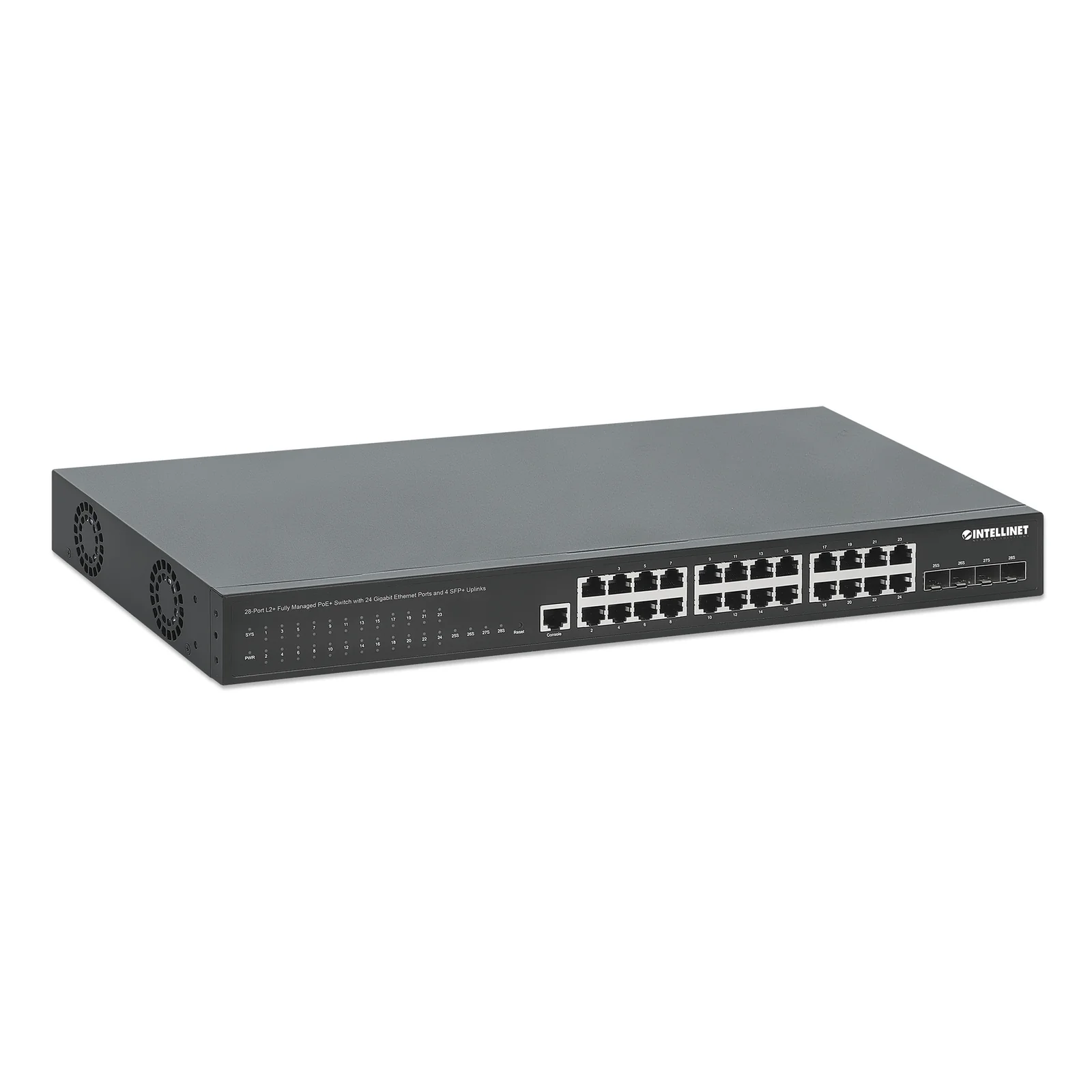 Intellinet Commutateur réseau (switch) PoE+ entièrement administrable L2+ 28 ports avec 24 ports Gigabit Ethernet et 4 liaisons montantes SFP+ 10G, IEEE 802.3at/af, budget PoE 370 W, rack 19", garantie de 3 ans