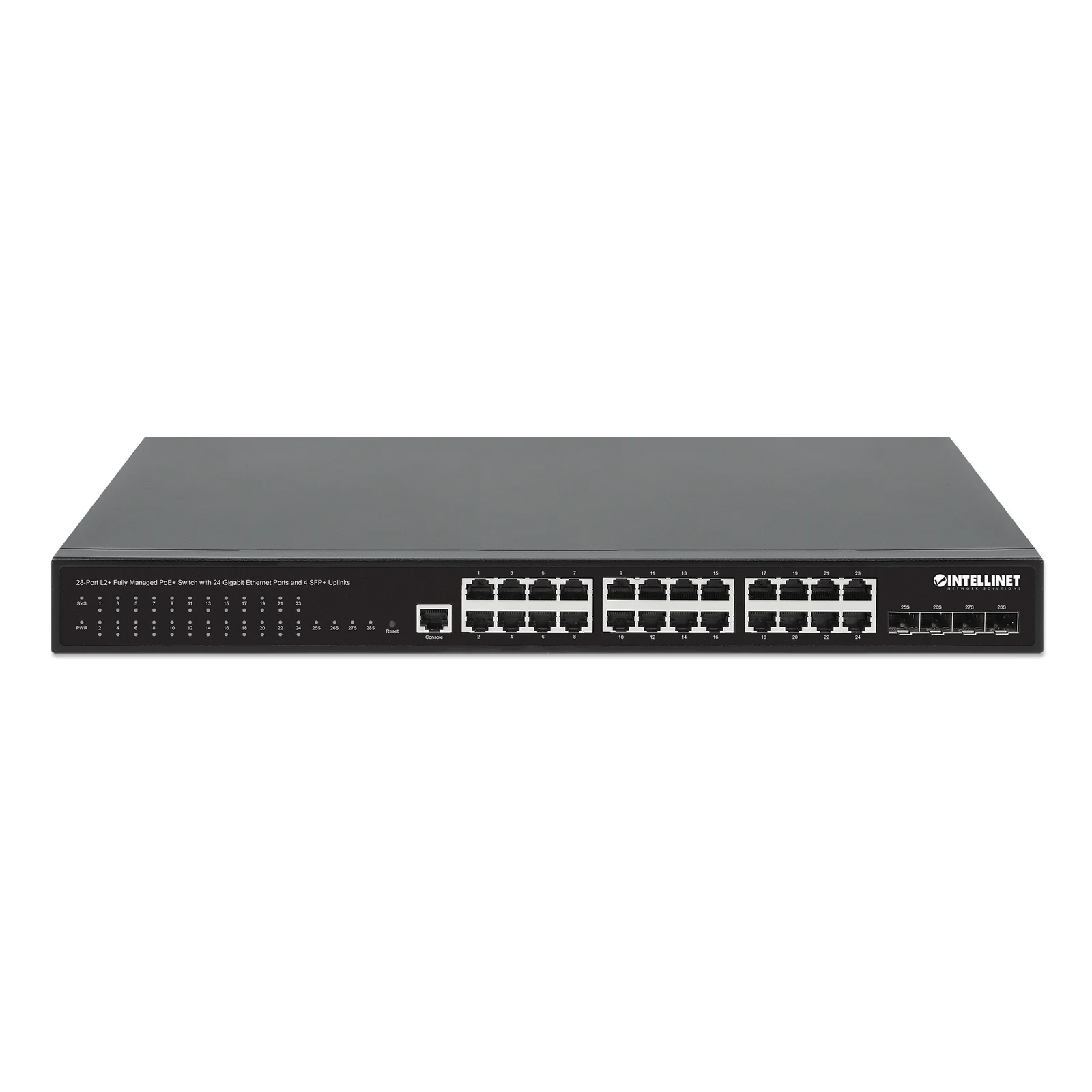 Intellinet Commutateur réseau (switch) PoE+ entièrement administrable L2+ 28 ports avec 24 ports Gigabit Ethernet et 4 liaisons montantes SFP+ 10G, IEEE 802.3at/af, budget PoE 370 W, rack 19", garantie de 3 ans