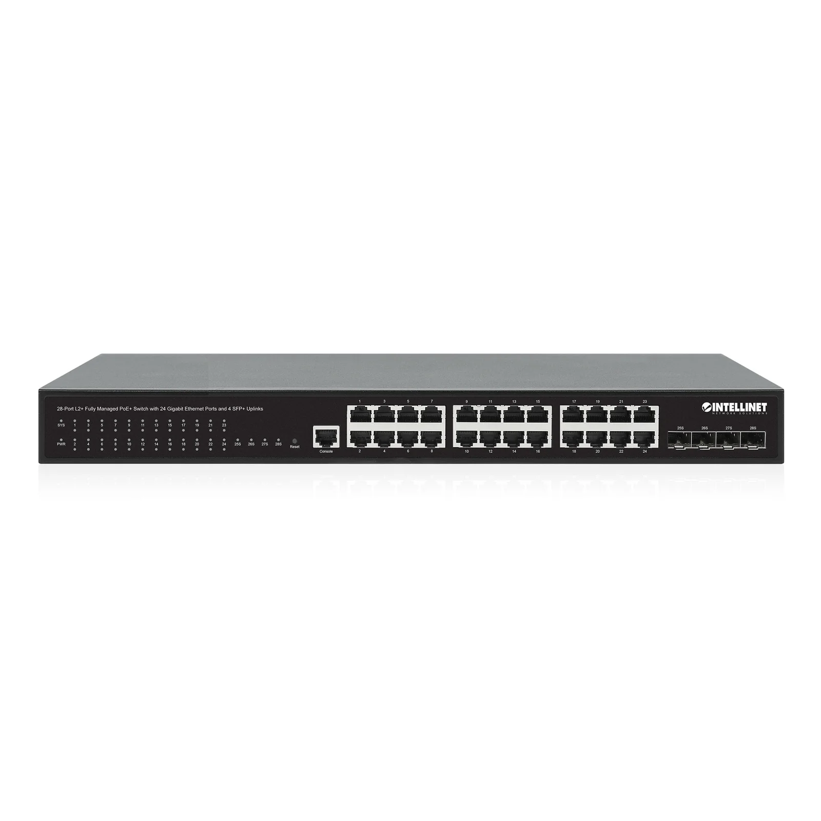 Intellinet Commutateur réseau (switch) PoE+ entièrement administrable L2+ 28 ports avec 24 ports Gigabit Ethernet et 4 liaisons montantes SFP+ 10G, IEEE 802.3at/af, budget PoE 370 W, rack 19", garantie de 3 ans