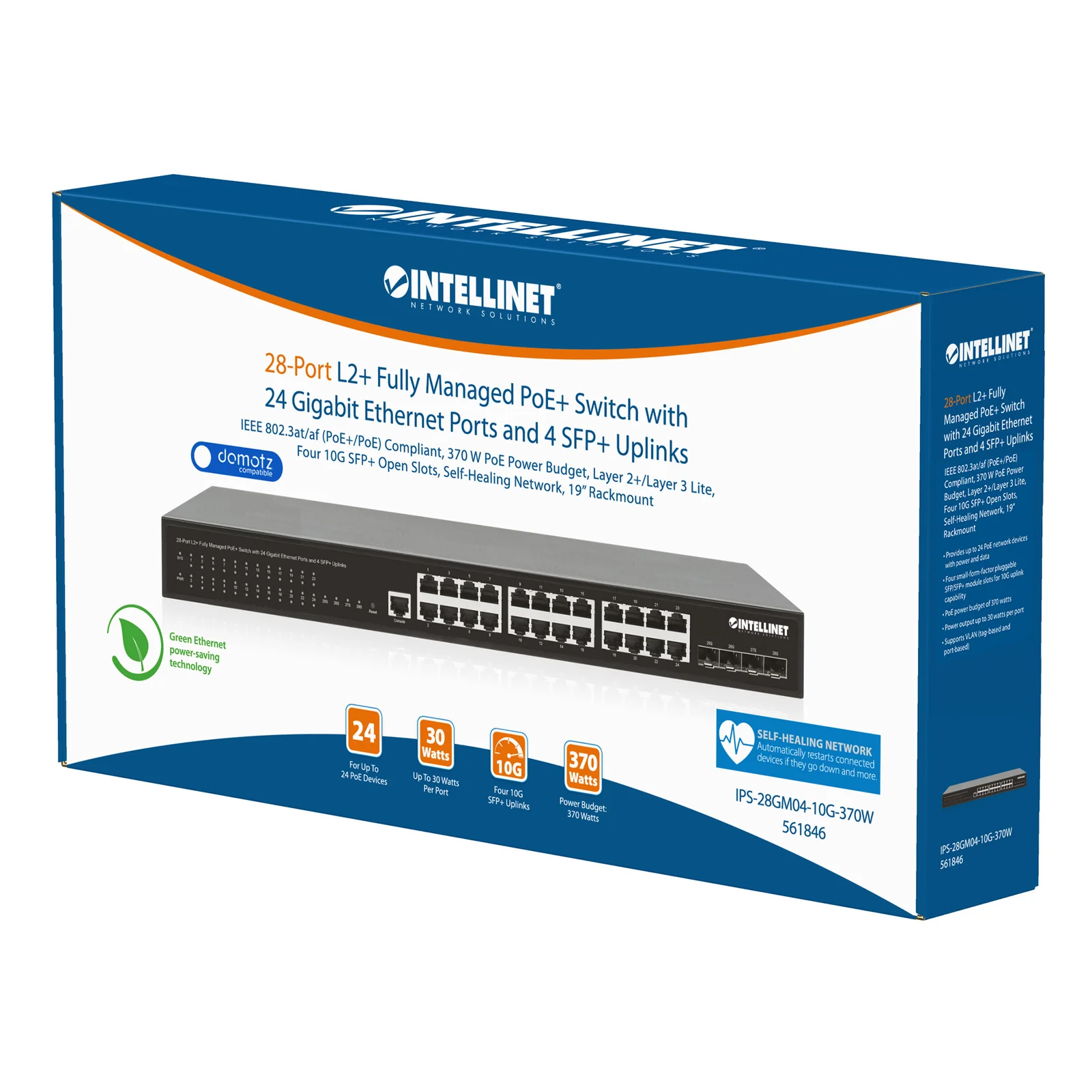 Intellinet Commutateur réseau (switch) PoE+ entièrement administrable L2+ 28 ports avec 24 ports Gigabit Ethernet et 4 liaisons montantes SFP+ 10G, IEEE 802.3at/af, budget PoE 370 W, rack 19", garantie de 3 ans