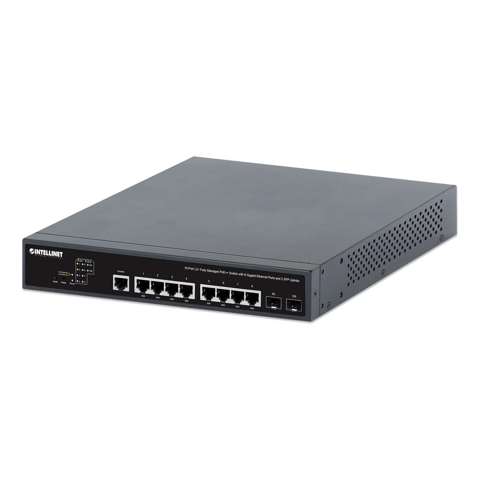 Commutateur réseau (switch) PoE++ entièrement administrable L2+ à 10 ports avec 8 ports Gigabit Ethernet et 2 liaisons montantes SFP, IEEE 802.3bt, budget PoE 242 W, Layer 2+/Layer 3 Lite, format bureau, équerres rack 19" incluses, garantie de 3 ans