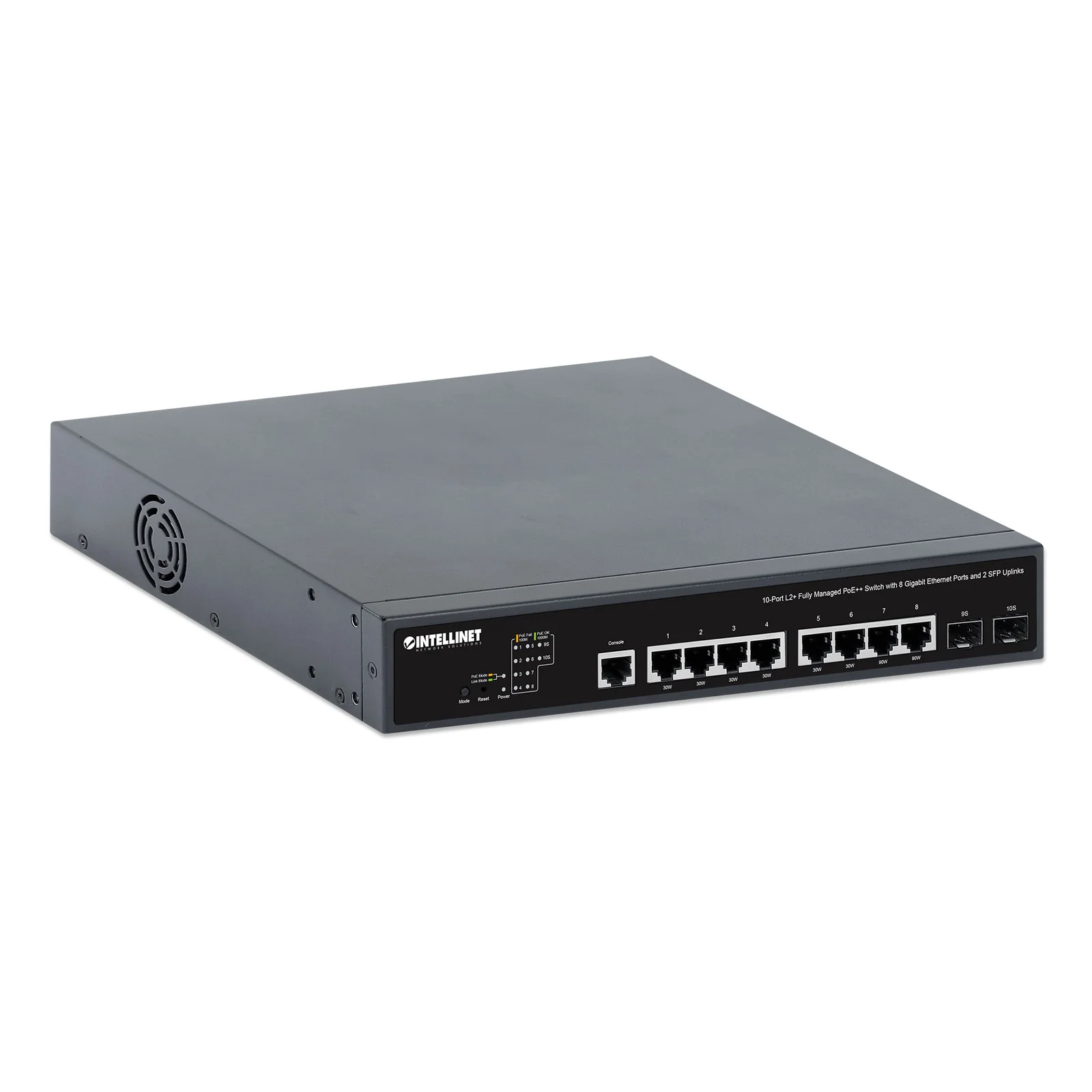 Intellinet Commutateur réseau (switch) PoE++ entièrement administrable L2+ à 10 ports avec 8 ports Gigabit Ethernet et 2 liaisons montantes SFP, IEEE 802.3bt, budget PoE 242 W, Layer 2+/Layer 3 Lite, format bureau, équerres rack 19" incluses, garantie de 3 ans