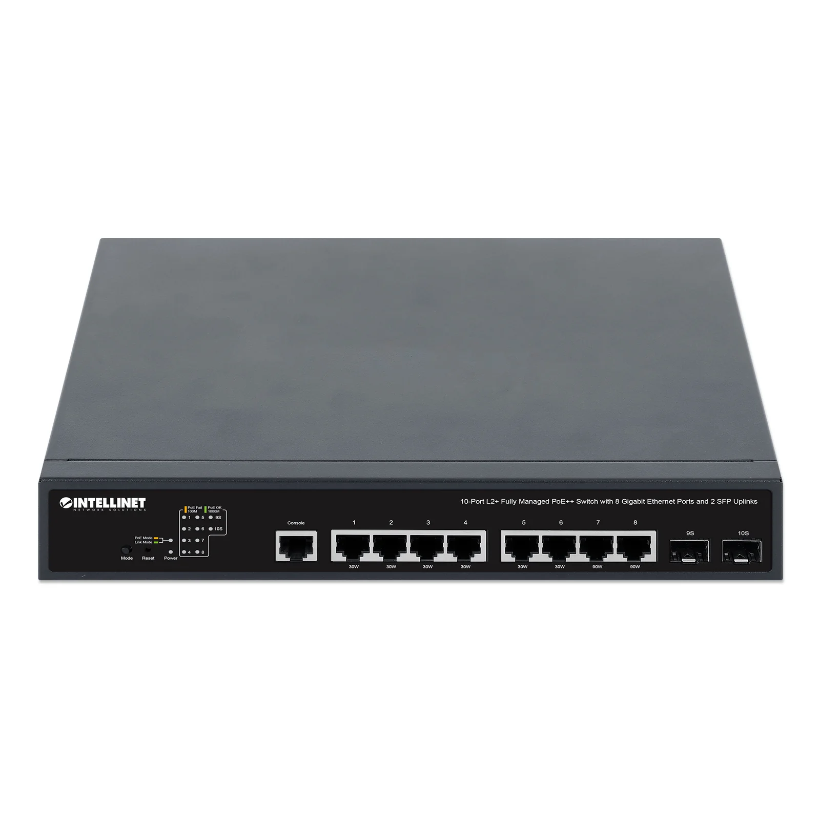 Intellinet Commutateur réseau (switch) PoE++ entièrement administrable L2+ à 10 ports avec 8 ports Gigabit Ethernet et 2 liaisons montantes SFP, IEEE 802.3bt, budget PoE 242 W, Layer 2+/Layer 3 Lite, format bureau, équerres rack 19" incluses, garantie de 3 ans