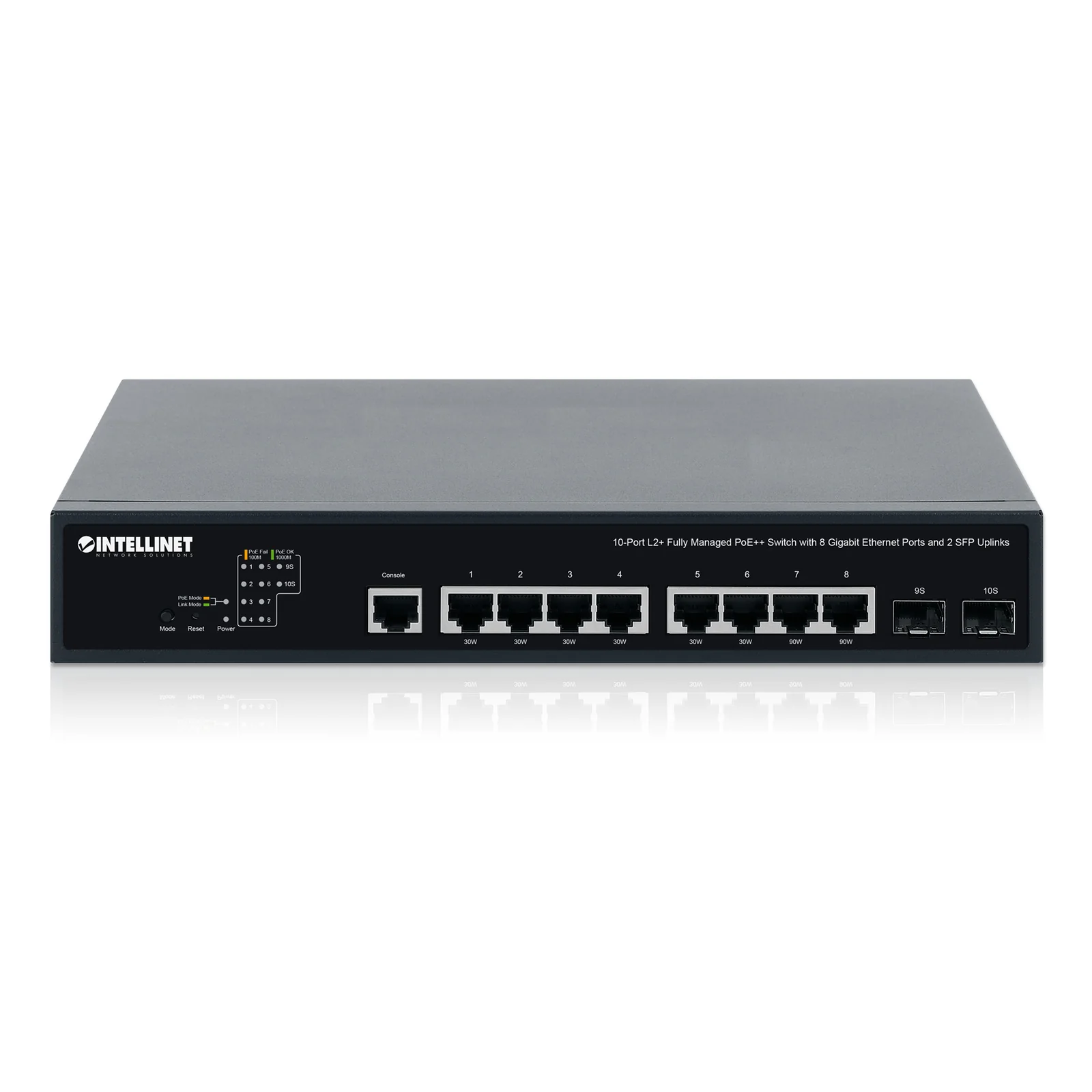 Intellinet Commutateur réseau (switch) PoE++ entièrement administrable L2+ à 10 ports avec 8 ports Gigabit Ethernet et 2 liaisons montantes SFP, IEEE 802.3bt, budget PoE 242 W, Layer 2+/Layer 3 Lite, format bureau, équerres rack 19" incluses, garantie de 3 ans