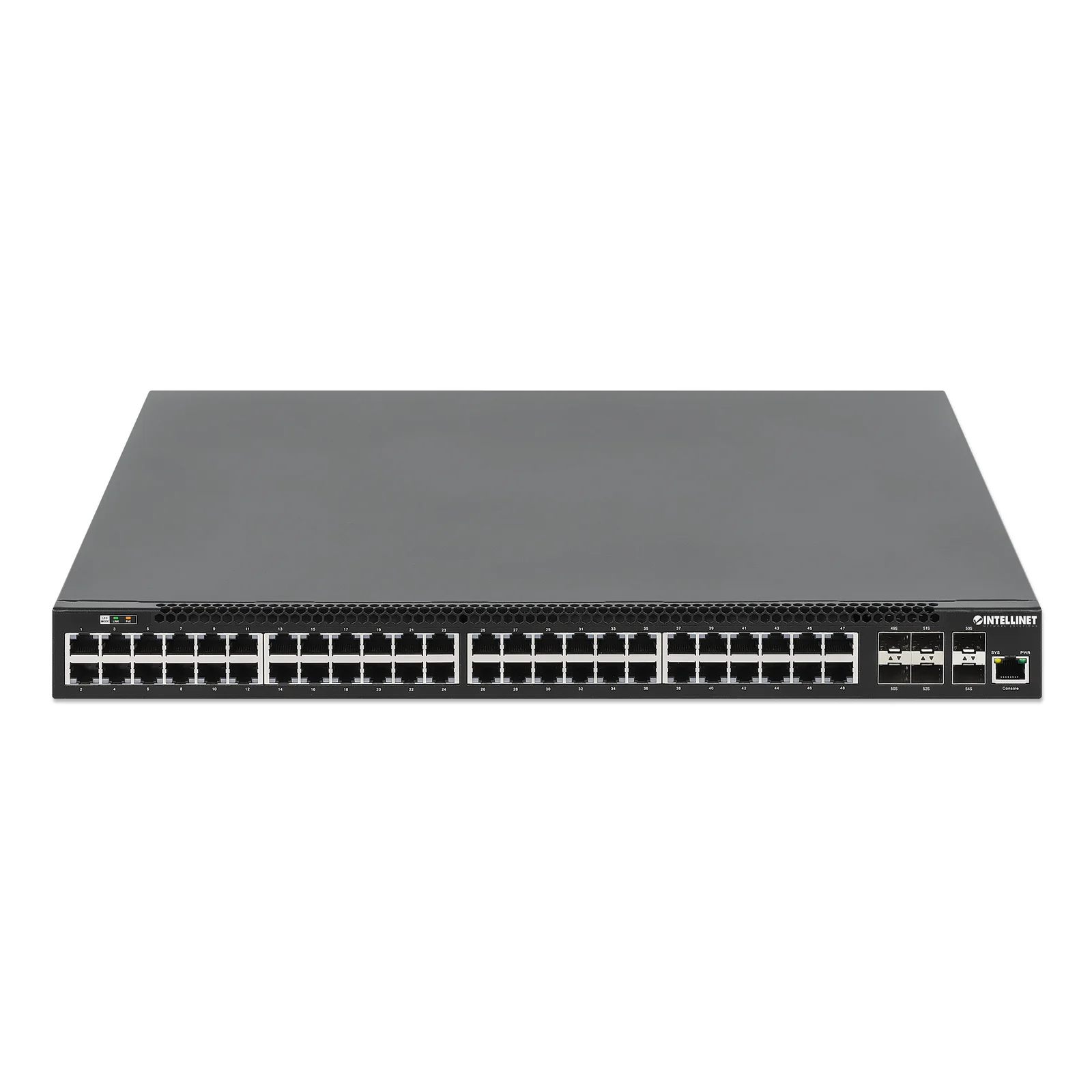 Intellinet Commutateur réseau (switch) PoE+ entièrement administrable L3 54 ports avec 48 ports Gigabit Ethernet et 6 liaisons montantes SFP+ 10G, IEEE 802.3at/af, budget PoE 850 W, rack 19", garantie de 3 ans