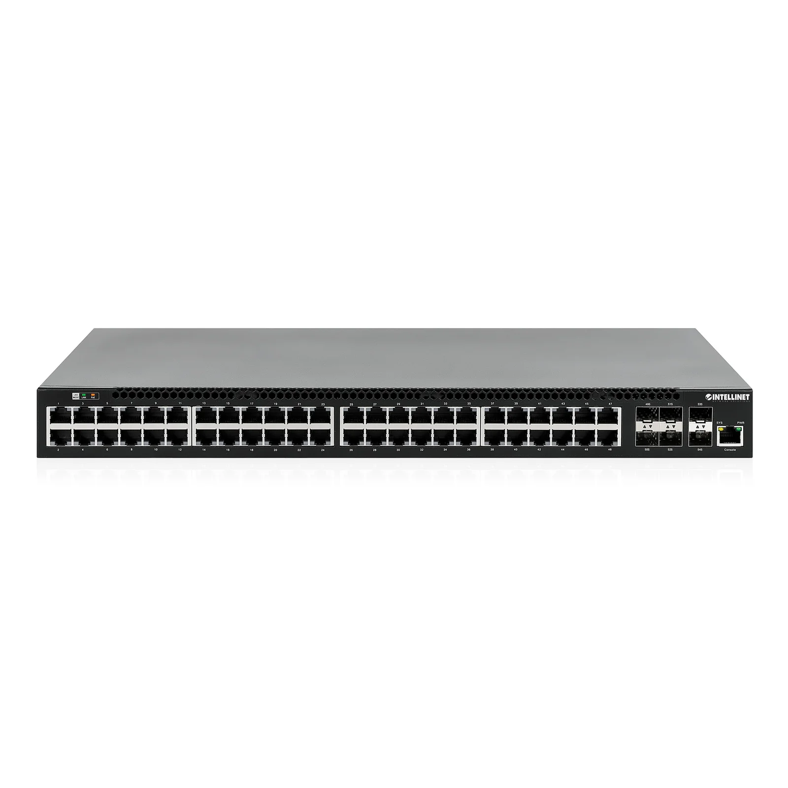 Intellinet Commutateur réseau (switch) PoE+ entièrement administrable L3 54 ports avec 48 ports Gigabit Ethernet et 6 liaisons montantes SFP+ 10G, IEEE 802.3at/af, budget PoE 850 W, rack 19", garantie de 3 ans