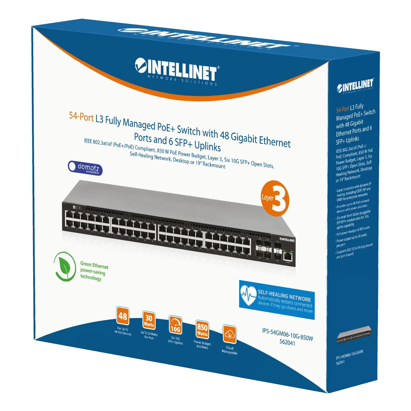 Intellinet Commutateur réseau (switch) PoE+ entièrement administrable L3 54 ports avec 48 ports Gigabit Ethernet et 6 liaisons montantes SFP+ 10G, IEEE 802.3at/af, budget PoE 850 W, rack 19", garantie de 3 ans