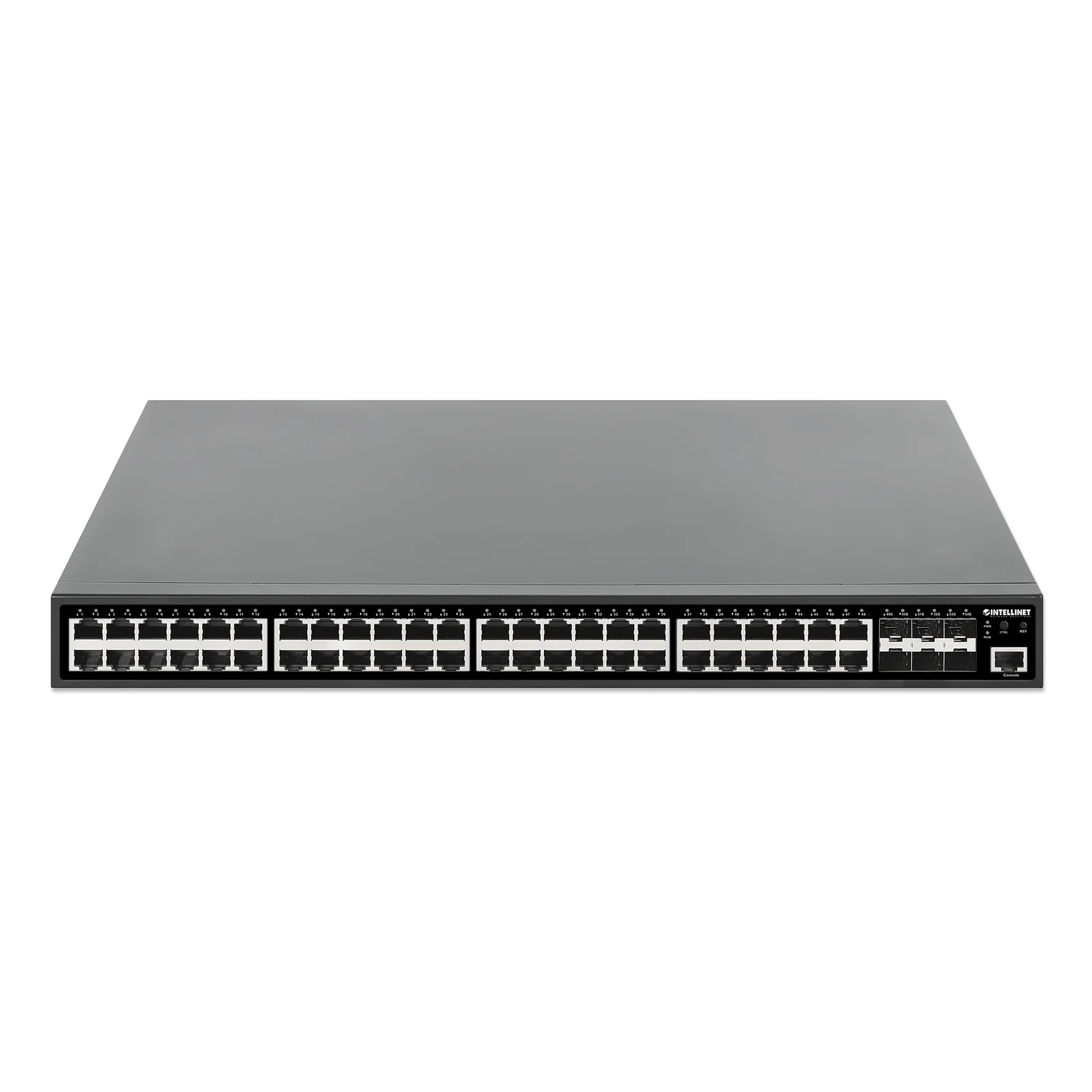 Intellinet Commutateur réseau (switch) PoE+ Gigabit 48 ports administrable L2+ avec 6 liaisons montantes SFP+ 10G, IEEE 802.3at/af, budget PoE 450 W, rack 19", garantie de 3 ans