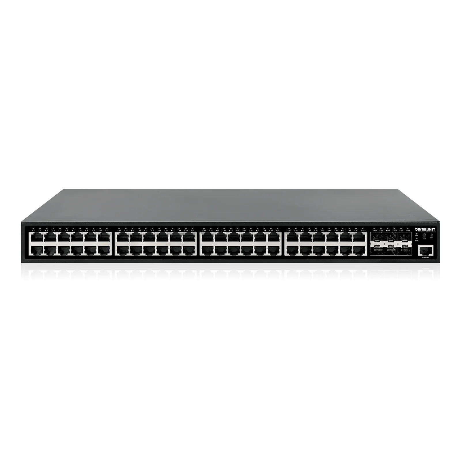 Intellinet Commutateur réseau (switch) PoE+ Gigabit 48 ports administrable L2+ avec 6 liaisons montantes SFP+ 10G, IEEE 802.3at/af, budget PoE 450 W, rack 19", garantie de 3 ans