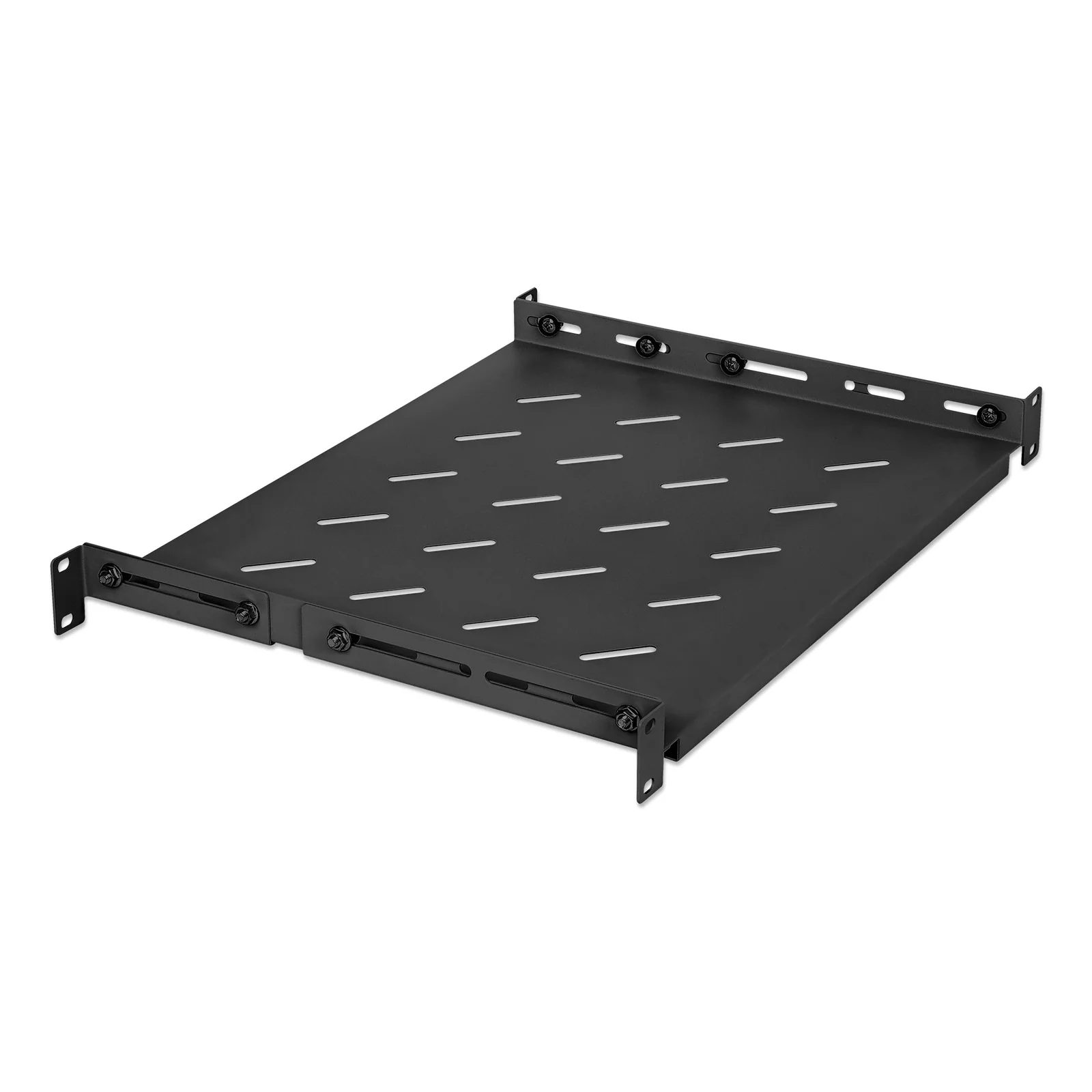 Intellinet Étagère fixe réglable 19", 1U, profondeur 350 mm, rails réglables de 350 à 550 mm, charge max. 20 kg, noire, garantie à vie