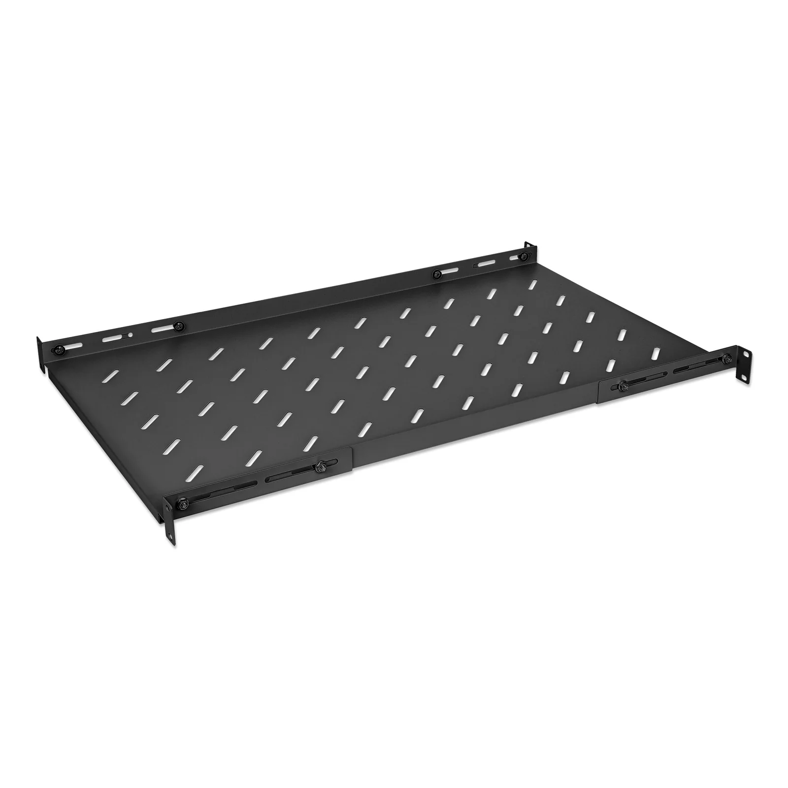 Étagère fixe réglable 19", 1U, profondeur 750 mm, rails réglables de 750 à 950 mm, charge max. 20 kg, noire, garantie à vie