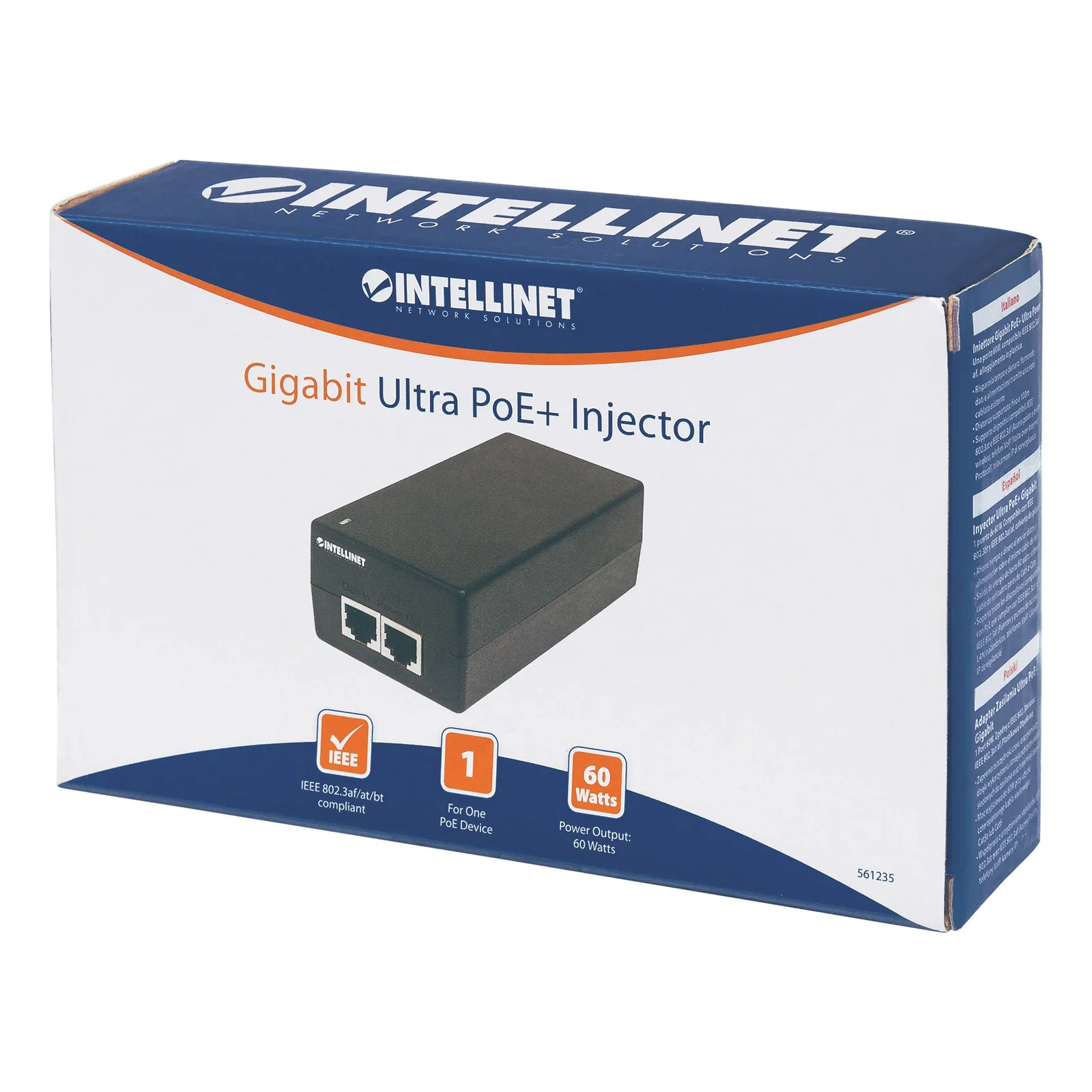 Intellinet Injecteur Ultra PoE+ Gigabit, 1 port 60 W, conforme IEEE 802.3bt et 802.3at/af, boîtier plastique, Alimentation par Ethernet, Power Over Ethernet, garantie de 3 ans