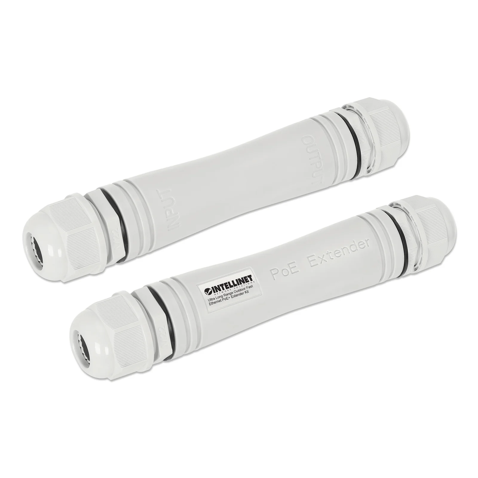 Intellinet Kit extendeur PoE+ extérieur très longue portée Fast Ethernet, étend le PoE jusqu’à 1000 m, 1 port PD jusqu’à 95 W, compatible IEEE 802.3bt (4PPoE), IP67, lot de 2 modules, plastique, gris, Alimentation par Ethernet, Power Over Ethernet, garantie de 3 ans