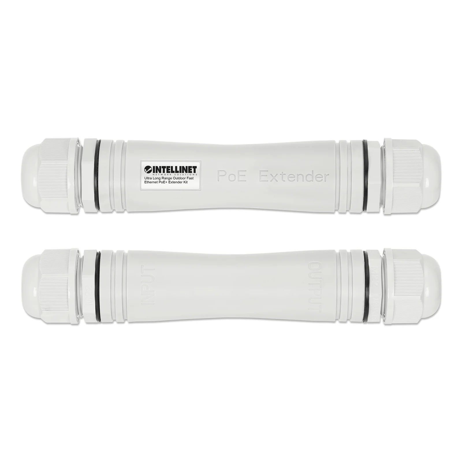 Intellinet Kit extendeur PoE+ extérieur très longue portée Fast Ethernet, étend le PoE jusqu’à 1000 m, 1 port PD jusqu’à 95 W, compatible IEEE 802.3bt (4PPoE), IP67, lot de 2 modules, plastique, gris, Alimentation par Ethernet, Power Over Ethernet, garantie de 3 ans