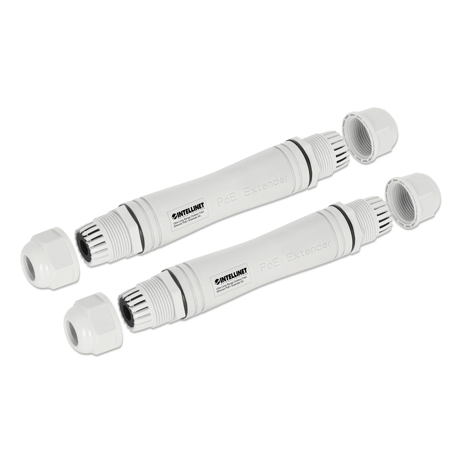 Intellinet Kit extendeur PoE+ extérieur très longue portée Fast Ethernet, étend le PoE jusqu’à 1000 m, 1 port PD jusqu’à 95 W, compatible IEEE 802.3bt (4PPoE), IP67, lot de 2 modules, plastique, gris, Alimentation par Ethernet, Power Over Ethernet, garantie de 3 ans