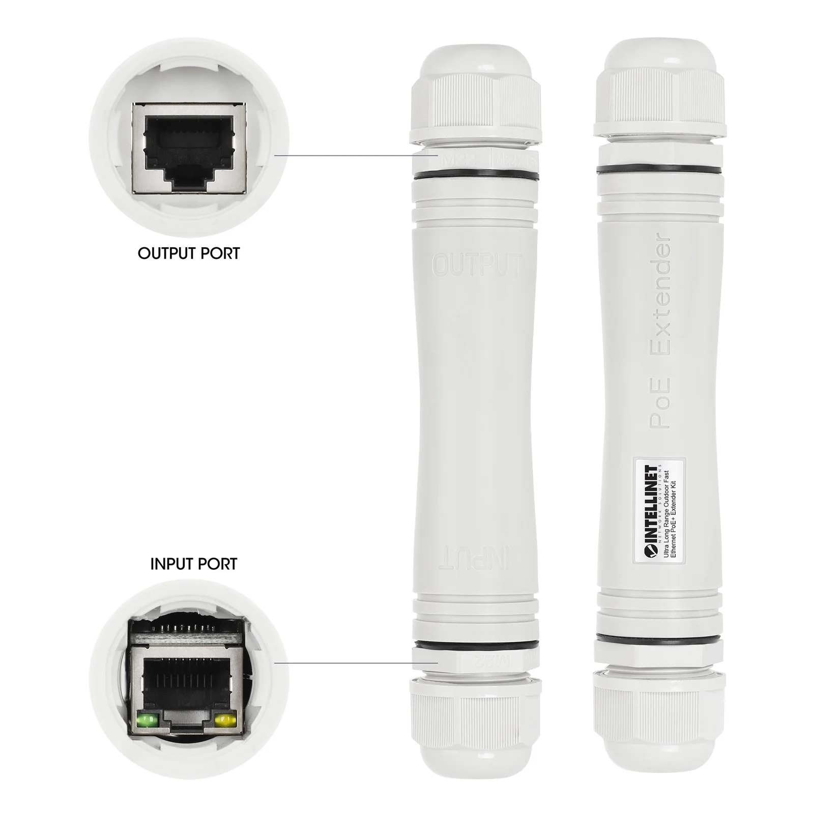 Intellinet Kit extendeur PoE+ extérieur très longue portée Fast Ethernet, étend le PoE jusqu’à 1000 m, 1 port PD jusqu’à 95 W, compatible IEEE 802.3bt (4PPoE), IP67, lot de 2 modules, plastique, gris, Alimentation par Ethernet, Power Over Ethernet, garantie de 3 ans