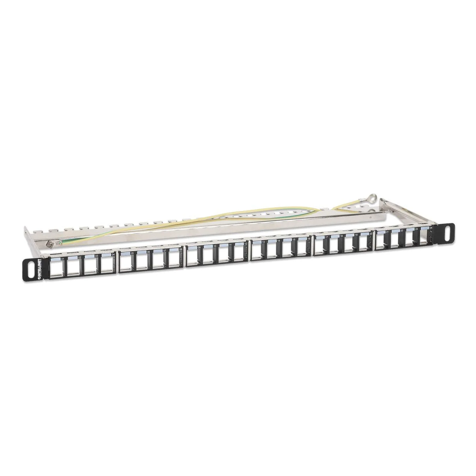 Intellinet Panneau de brassage aveugle blindé 24 ports, 0,5U, panneau Keystone 19" non équipé pour installations haute densité, barre de gestion des câbles amovible, noir