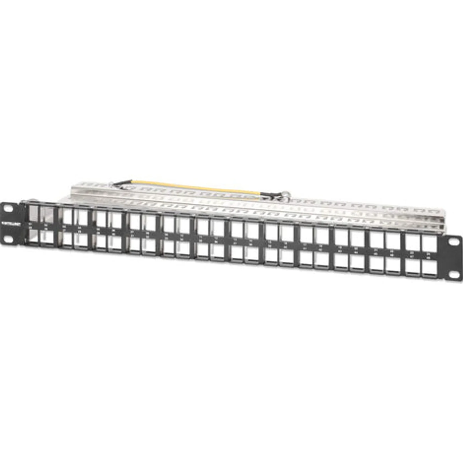 Panneau de brassage aveugle blindé 48 ports, 1U, panneau Keystone 19" non équipé pour installations haute densité, barre de gestion des câbles amovible, noir