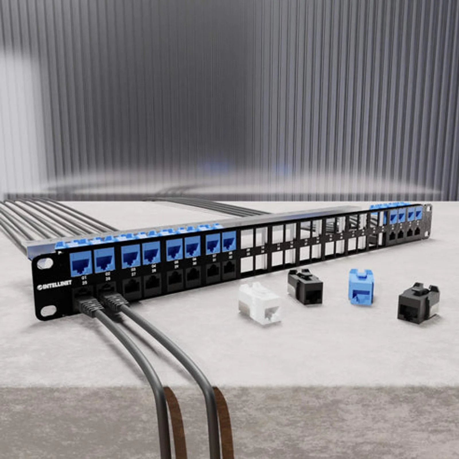 Intellinet Panneau de brassage aveugle blindé 48 ports, 1U, panneau Keystone 19" non équipé pour installations haute densité, barre de gestion des câbles amovible, noir