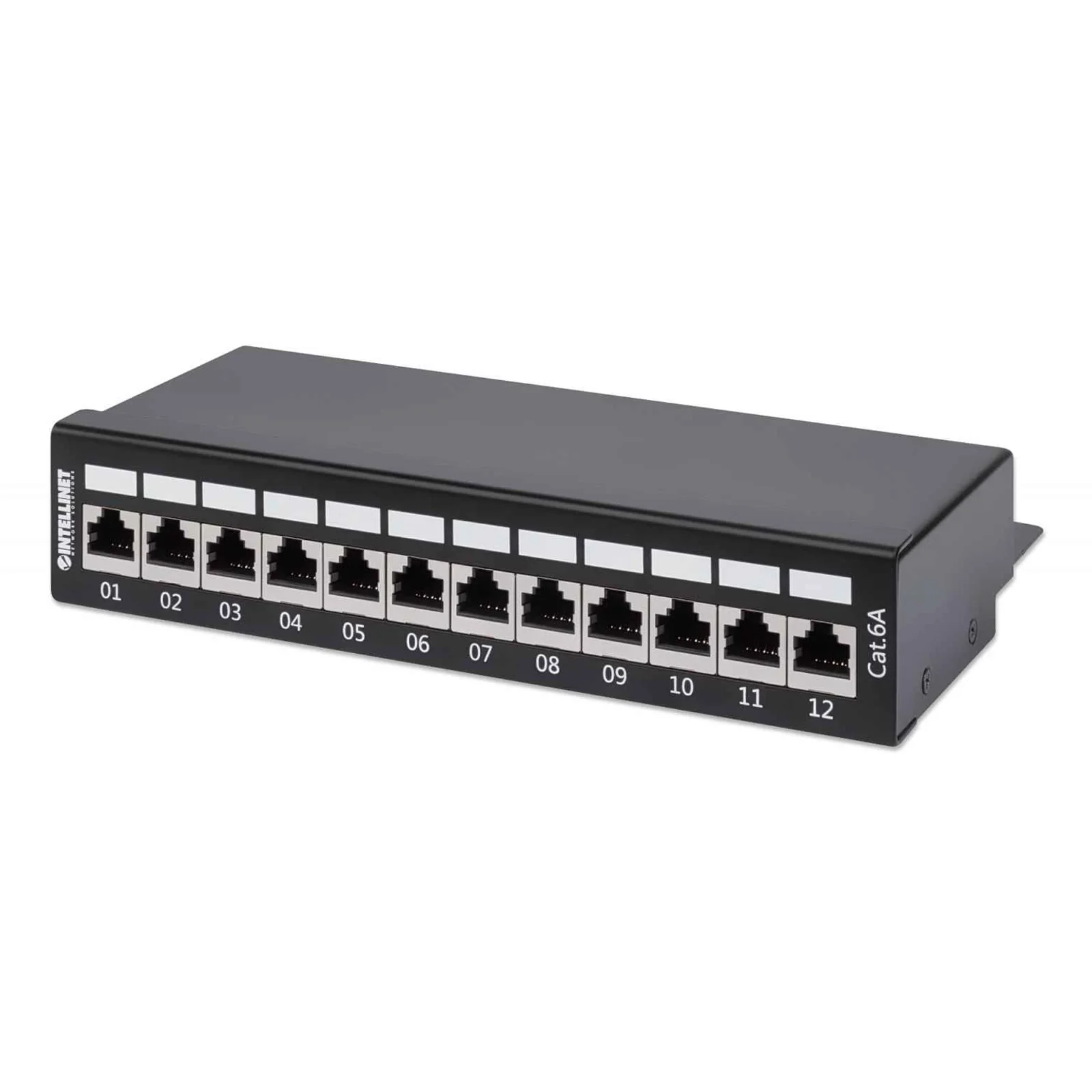 Panneau de brassage, Cat6A, FTP, 12 ports, bureau, blindé, blocs 90° à insertion par le dessus (punch-down), noir