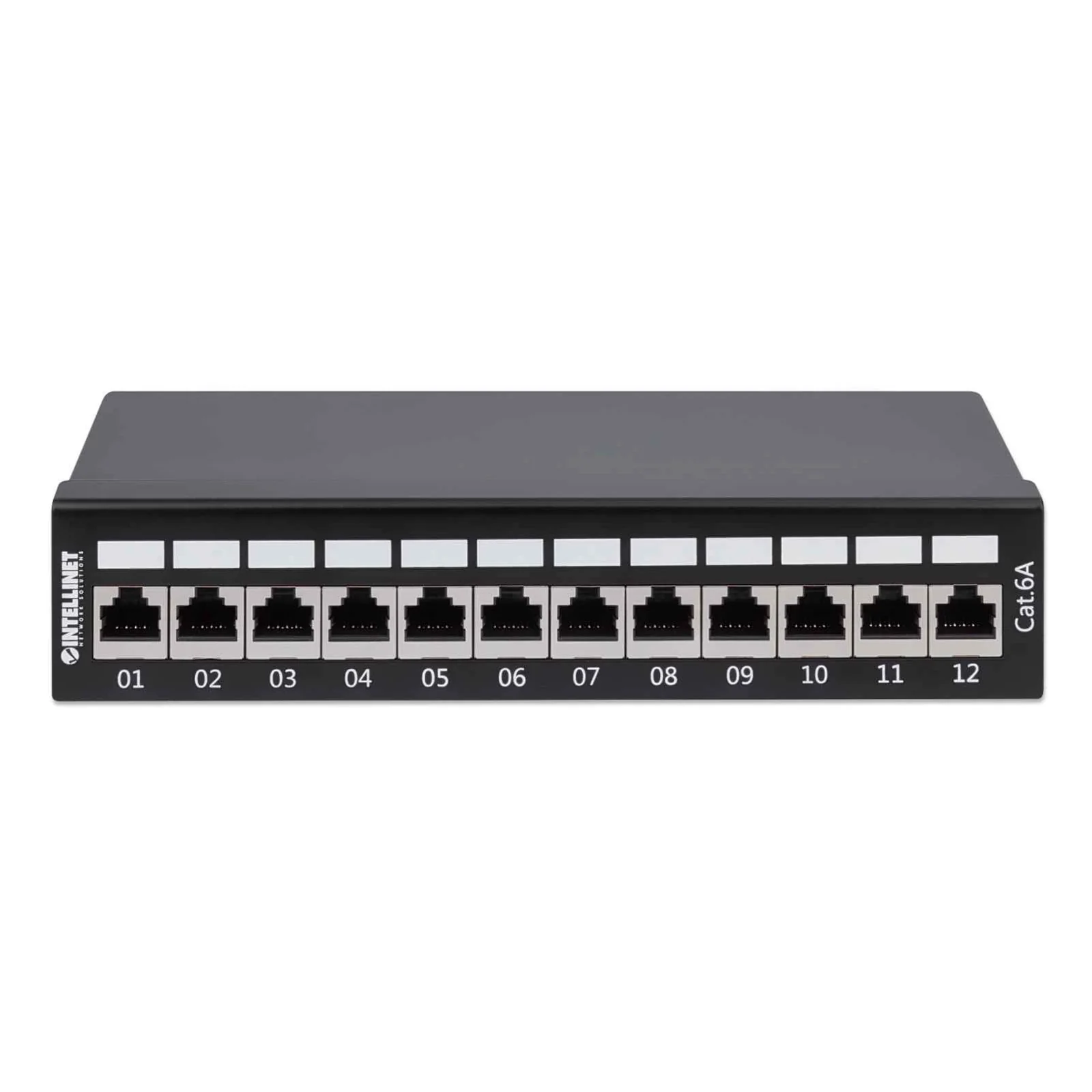 Intellinet Panneau de brassage, Cat6A, FTP, 12 ports, bureau, blindé, blocs 90° à insertion par le dessus (punch-down), noir