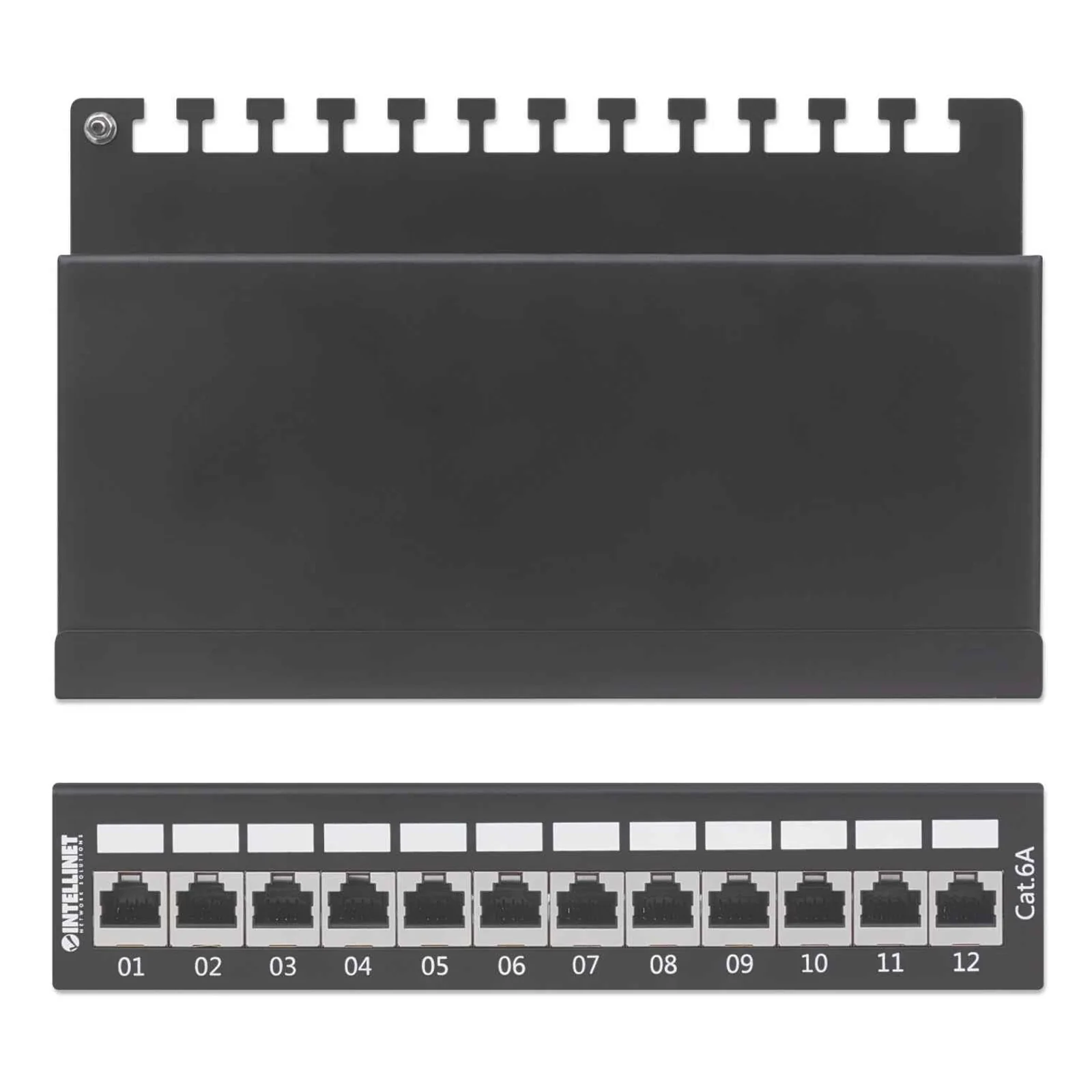 Intellinet Panneau de brassage, Cat6A, FTP, 12 ports, bureau, blindé, blocs 90° à insertion par le dessus (punch-down), noir