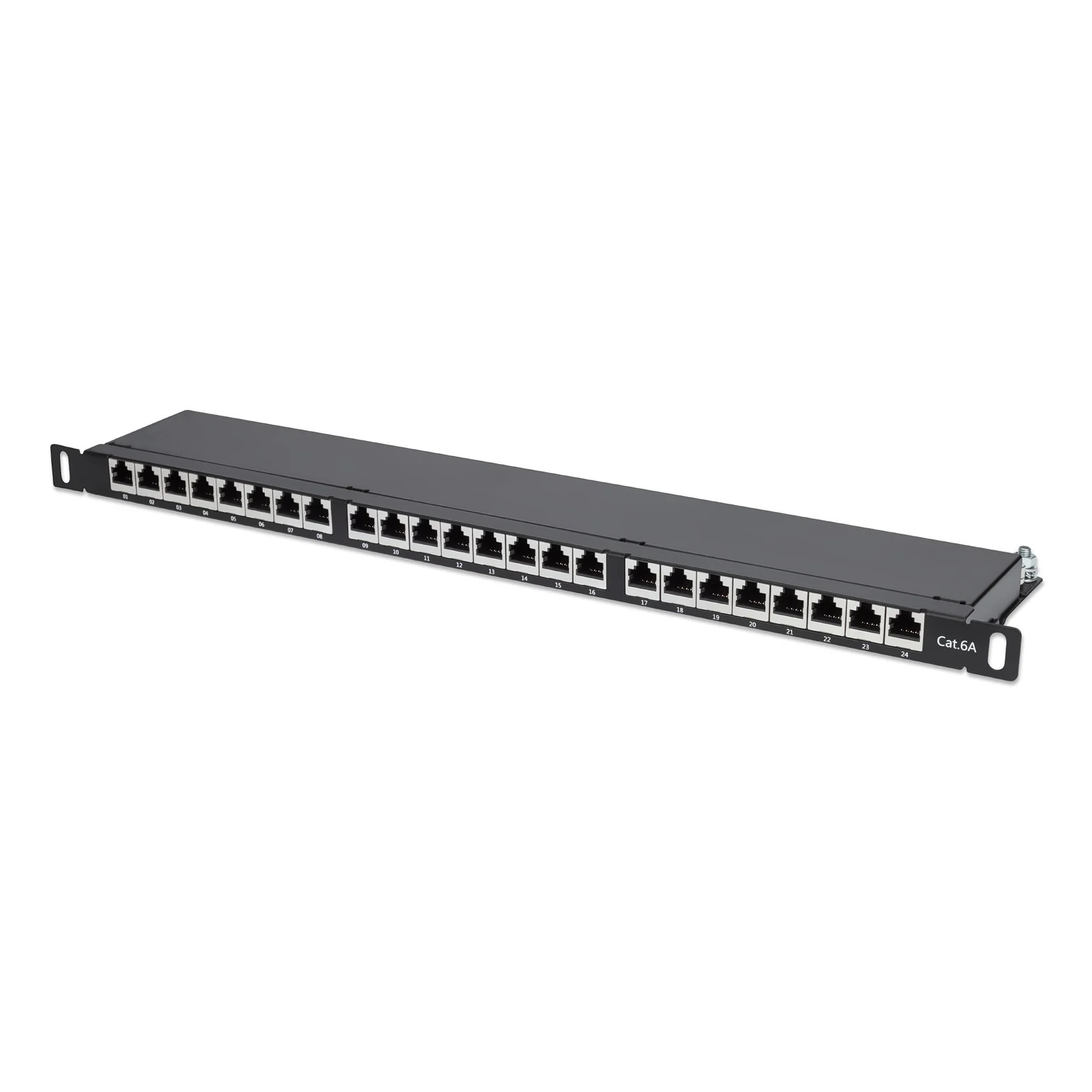 Panneau de brassage, Cat6A, FTP, 24 ports, 19", 0,5U, blindé, blocs 90° à insertion par le dessus (punch-down), noir