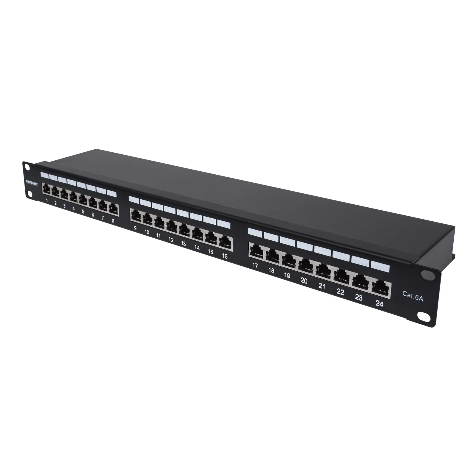 Panneau de brassage, Cat6A, FTP, 24 ports, 1U, blindé, blocs 90° à insertion par le dessus (punch-down), noir