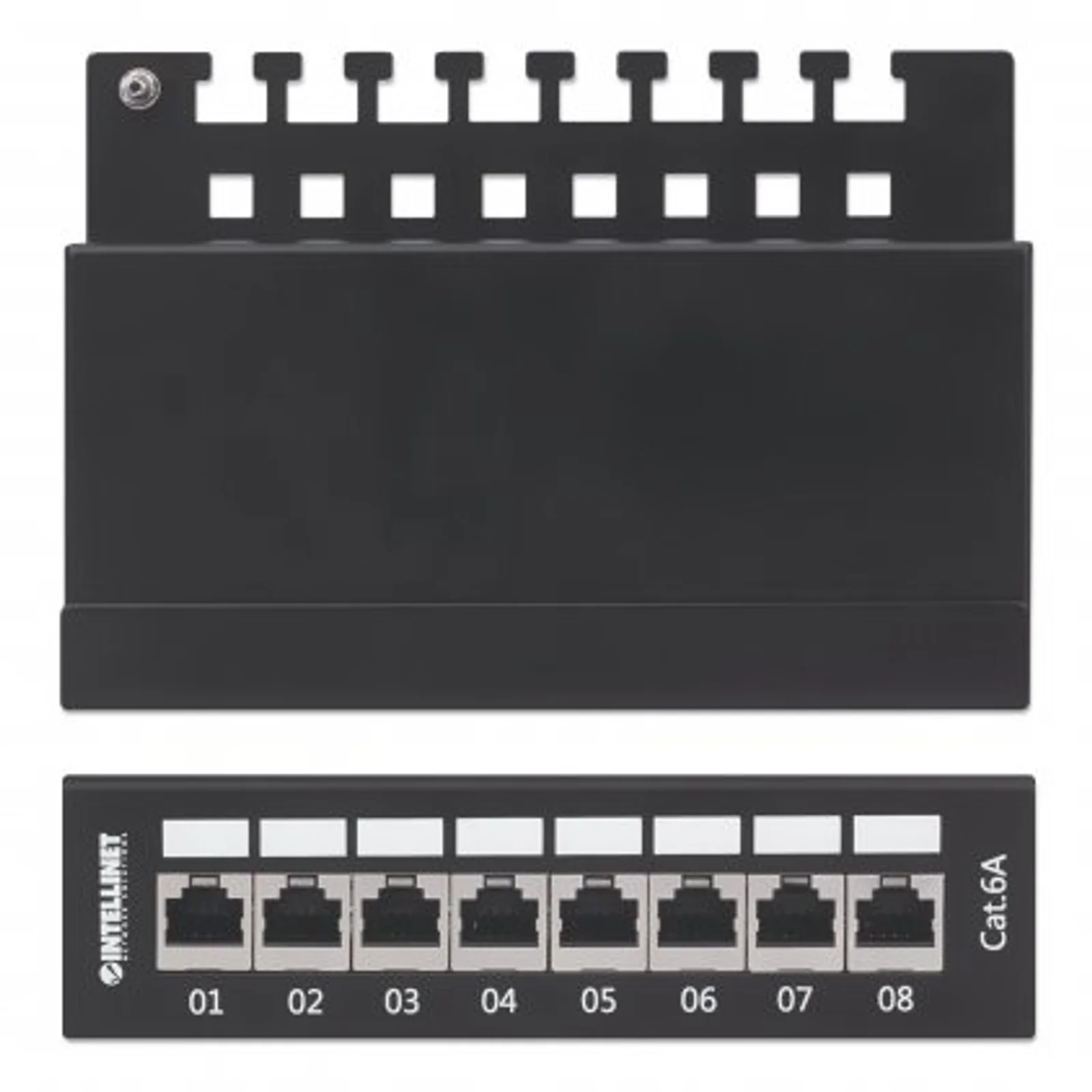 Intellinet Panneau de brassage, Cat6A, FTP, 8 ports, bureau, blindé, blocs 90° à insertion par le dessus (punch-down), noir