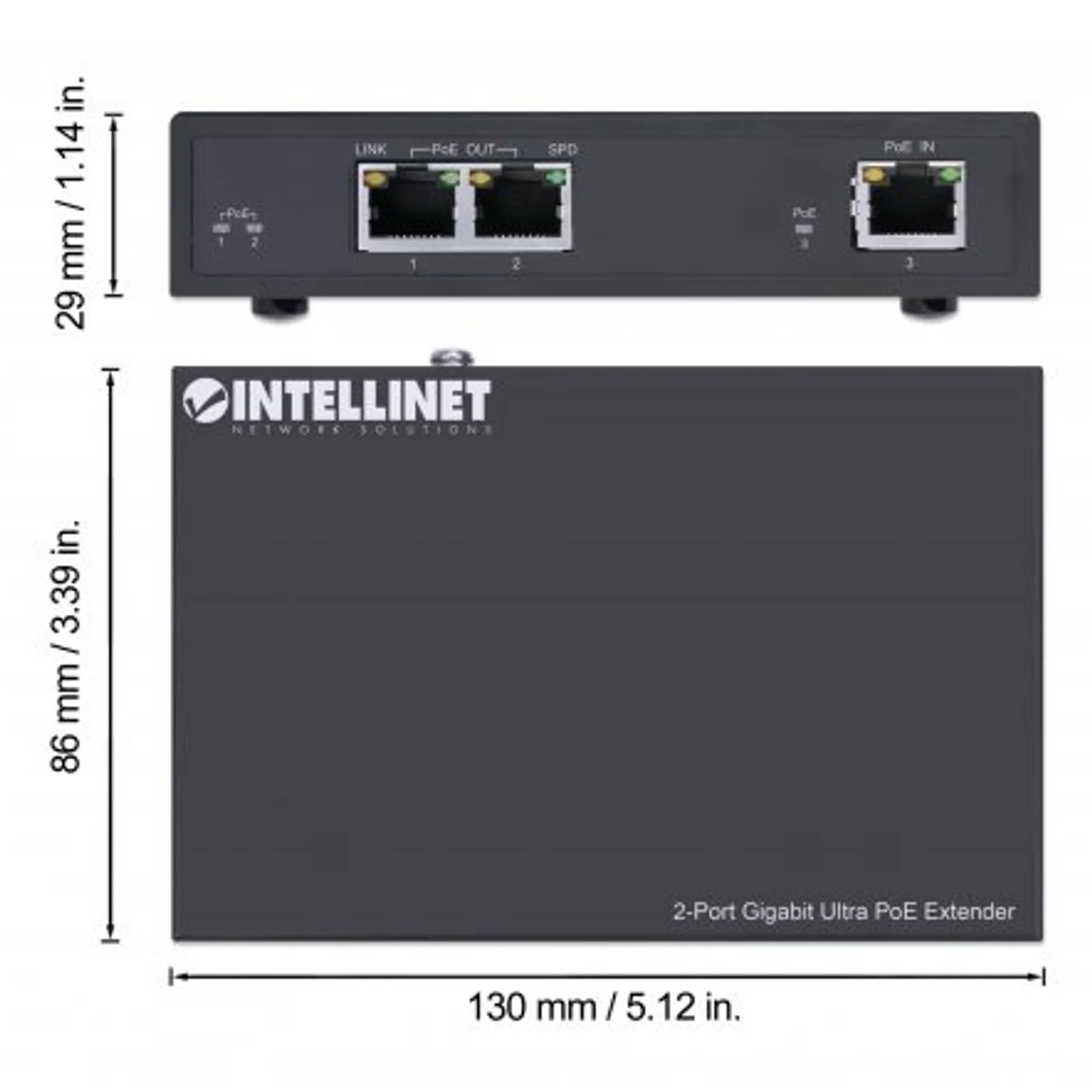 Intellinet Prolongateur Ultra PoE Gigabit 2 ports, extension PoE jusqu’à 100 m, budget PoE 60 W, 2 ports PSE de 30 W chacun, compatible IEEE 802.3bt/at/af, boîtier métal, Alimentation par Ethernet, Power Over Ethernet, garantie de 3 ans