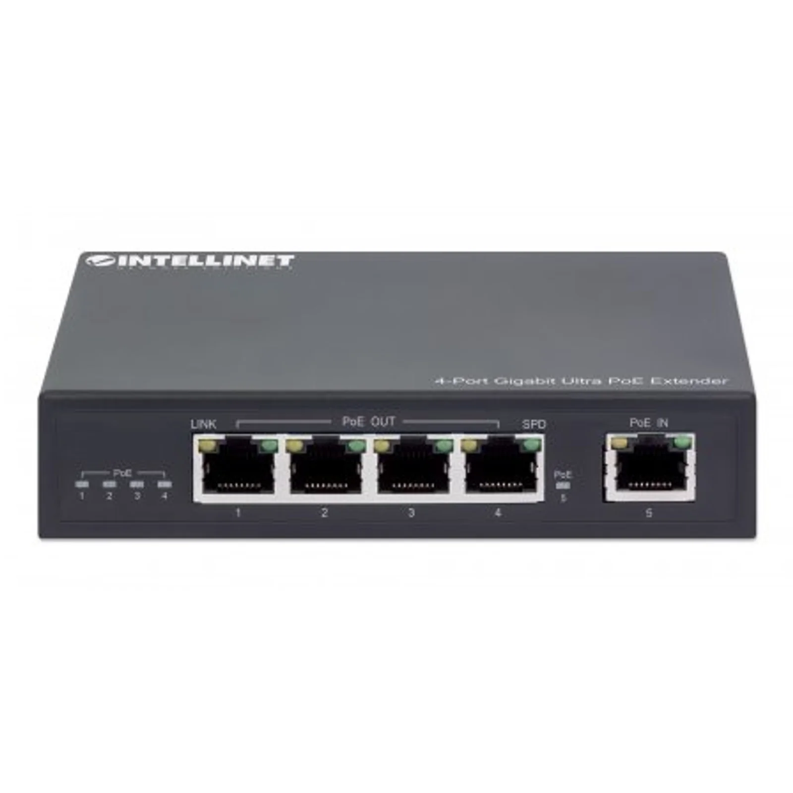 Intellinet Prolongateur Ultra PoE Gigabit 4 ports, extension PoE jusqu’à 100 m, budget PoE 90 W, 4 ports PSE jusqu’à 30 W, compatible IEEE 802.3bt/at/af, boîtier métal, Alimentation par Ethernet, Power Over Ethernet, garantie de 3 ans