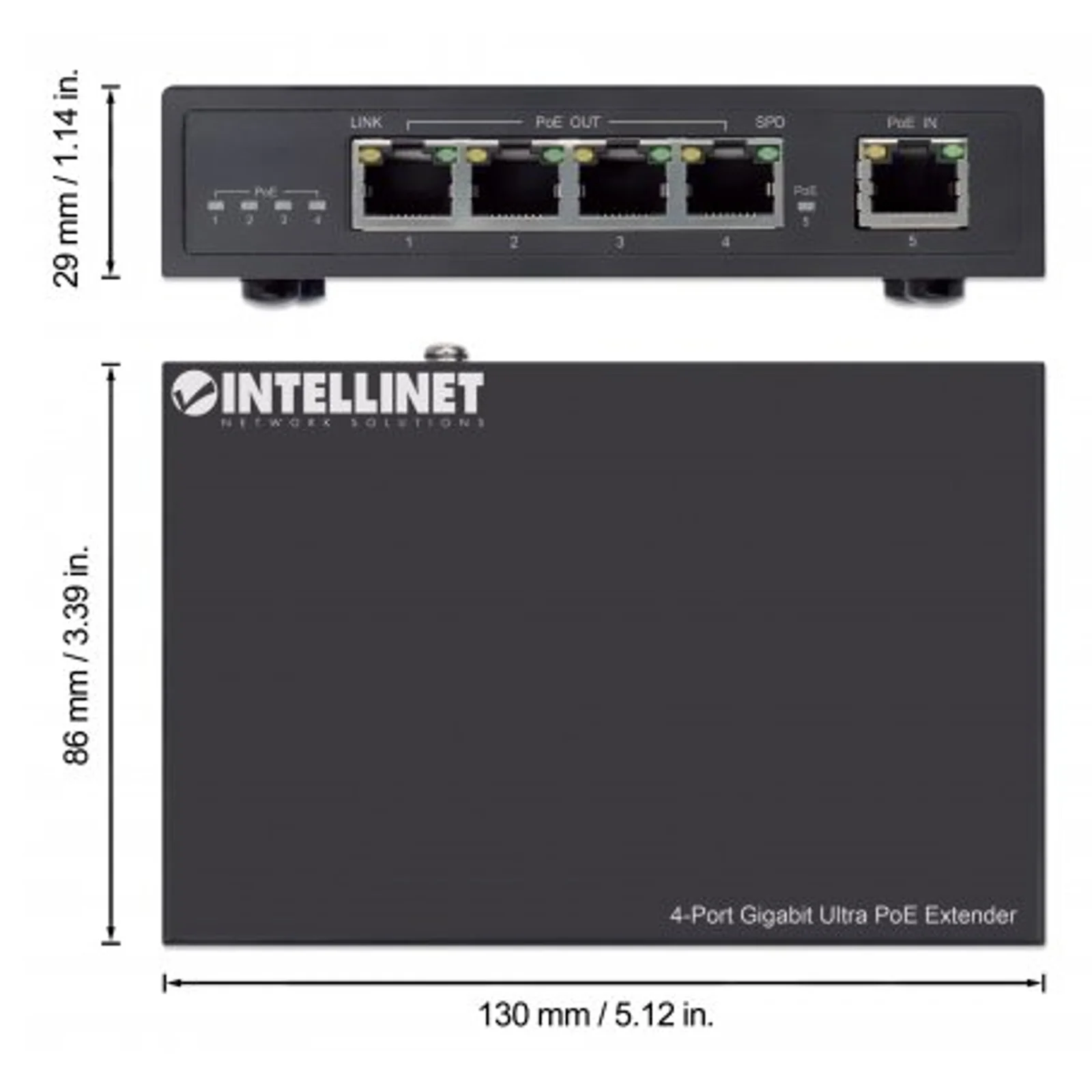 Intellinet Prolongateur Ultra PoE Gigabit 4 ports, extension PoE jusqu’à 100 m, budget PoE 90 W, 4 ports PSE jusqu’à 30 W, compatible IEEE 802.3bt/at/af, boîtier métal, Alimentation par Ethernet, Power Over Ethernet, garantie de 3 ans