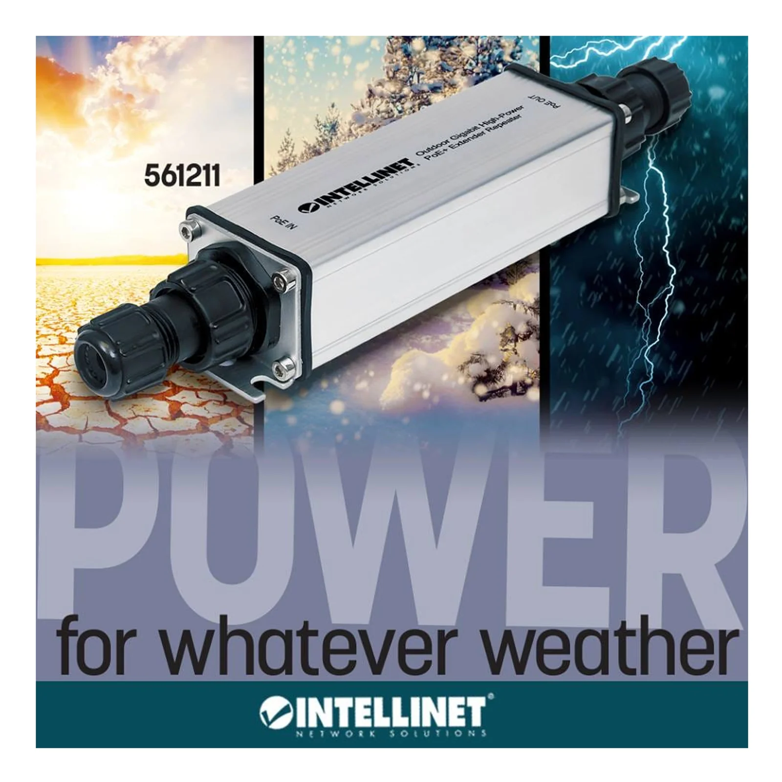 Intellinet Répéteur-extenseur PoE+ Gigabit extérieur haute puissance, IEEE 802.3at/af, portée jusqu’à 100 m, métal, IP65, Alimentation par Ethernet, Power Over Ethernet, garantie de 3 ans