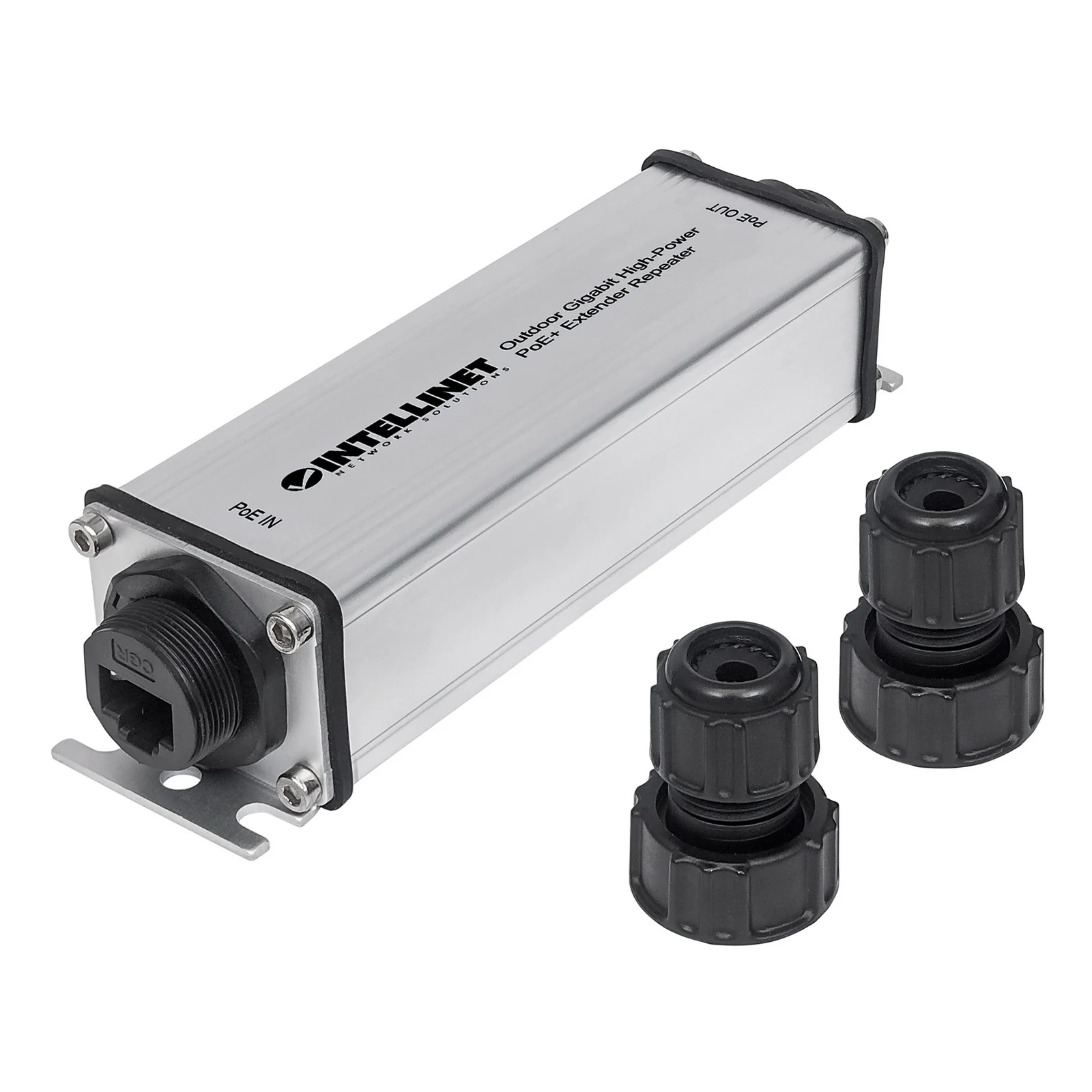Intellinet Répéteur-extenseur PoE+ Gigabit extérieur haute puissance, IEEE 802.3at/af, portée jusqu’à 100 m, métal, IP65, Alimentation par Ethernet, Power Over Ethernet, garantie de 3 ans