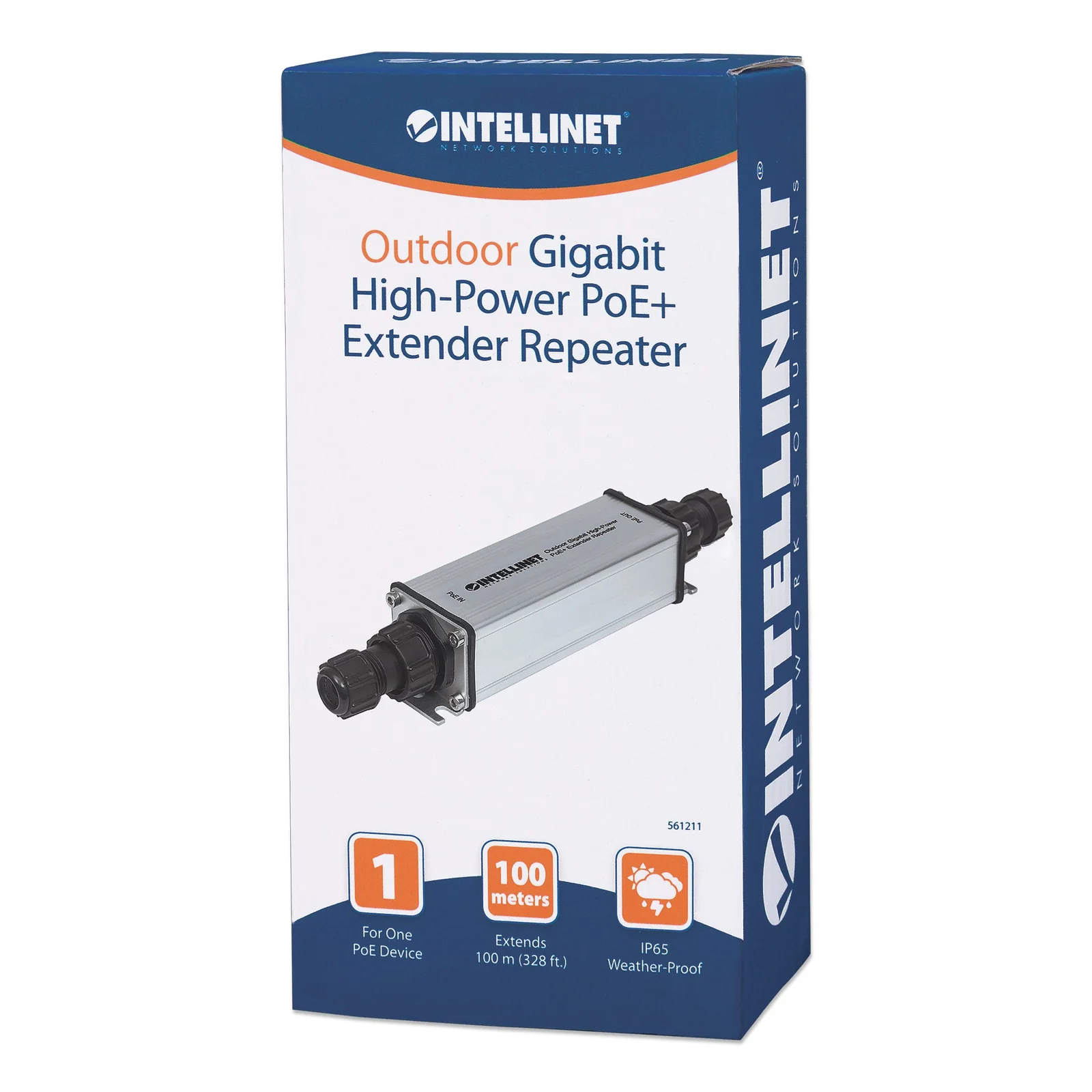 Intellinet Répéteur-extenseur PoE+ Gigabit extérieur haute puissance, IEEE 802.3at/af, portée jusqu’à 100 m, métal, IP65, Alimentation par Ethernet, Power Over Ethernet, garantie de 3 ans