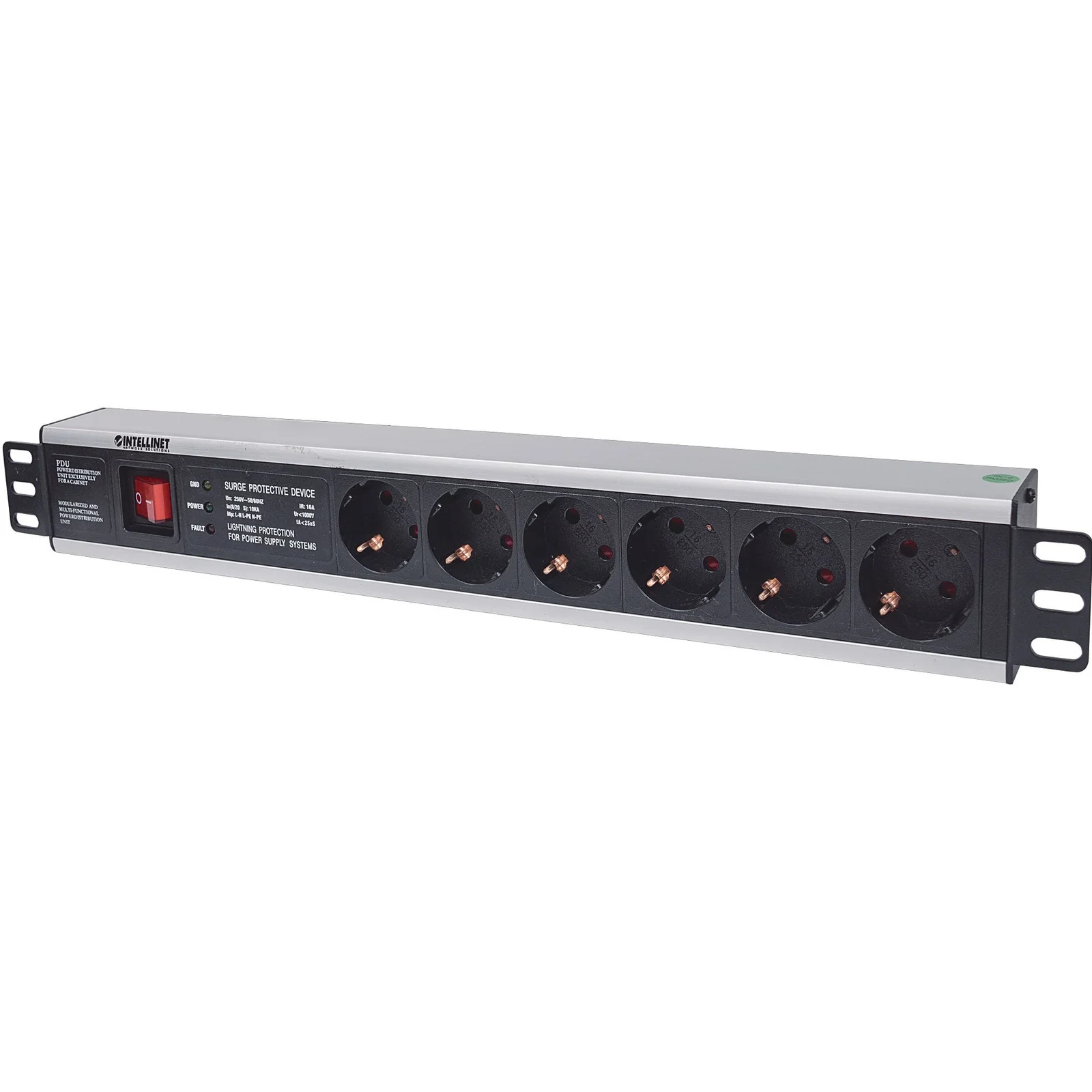 Unité de distribution d’alimentation (PDU) 19" 1,5U à 6 prises EU, avec interrupteur marche/arrêt et protection contre les surtensions, prises EU CEE 7/3, câble d’alimentation 3 m, sortie, montage en rack, garantie trois ans
