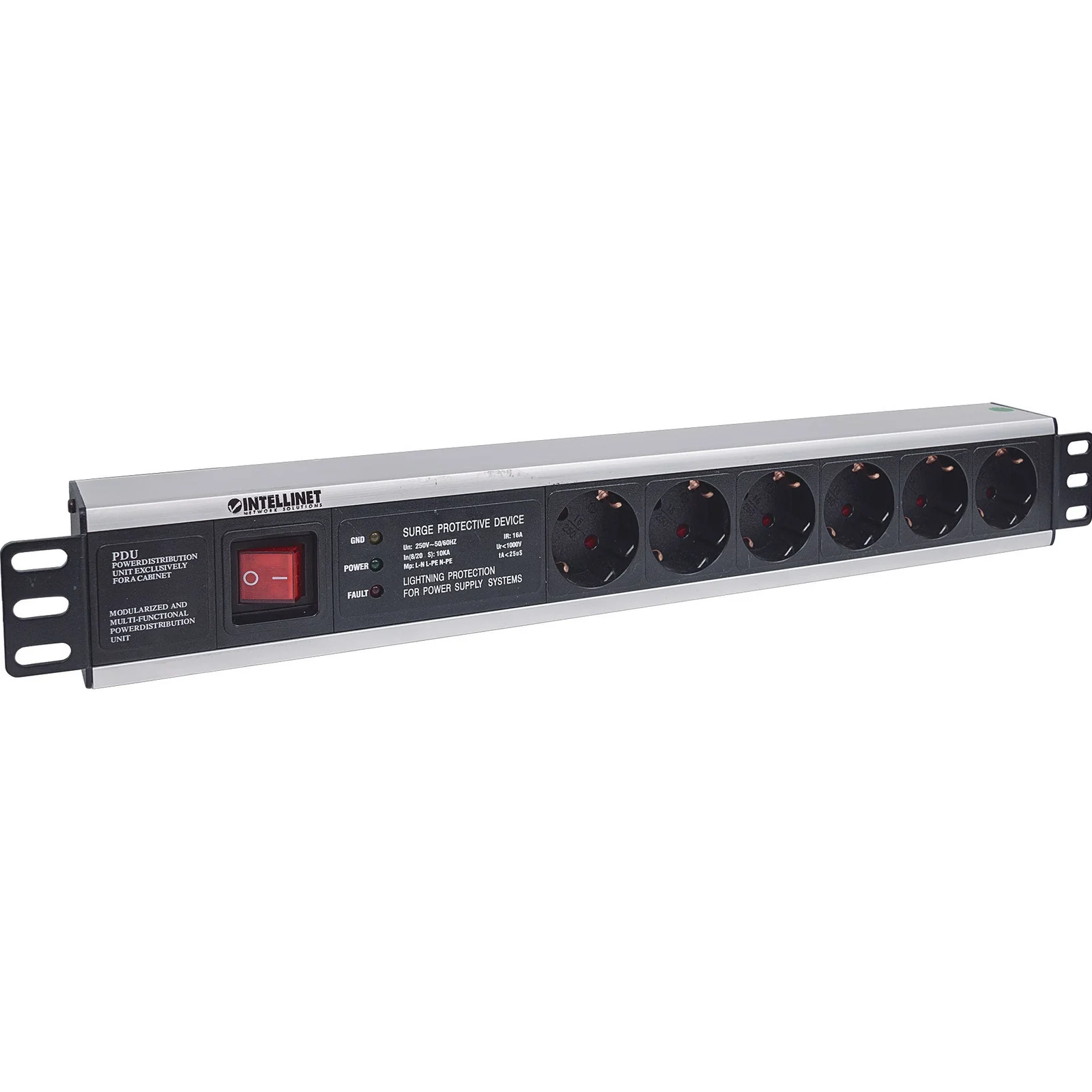 Intellinet Unité de distribution d’alimentation (PDU) 19" 1,5U à 6 prises EU, avec interrupteur marche/arrêt et protection contre les surtensions, prises EU CEE 7/3, câble d’alimentation 3 m, sortie, montage en rack, garantie trois ans