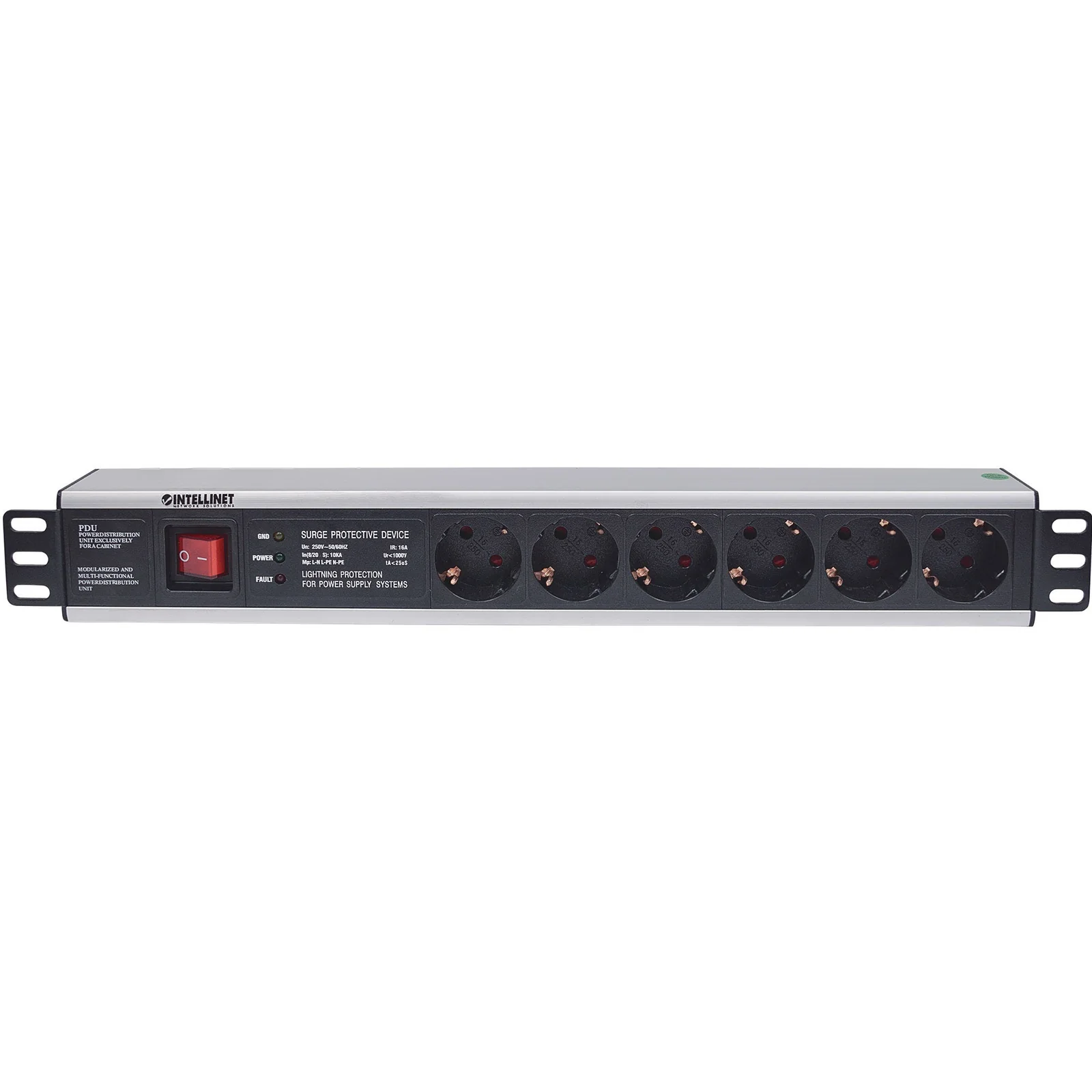 Intellinet Unité de distribution d’alimentation (PDU) 19" 1,5U à 6 prises EU, avec interrupteur marche/arrêt et protection contre les surtensions, prises EU CEE 7/3, câble d’alimentation 3 m, sortie, montage en rack, garantie trois ans
