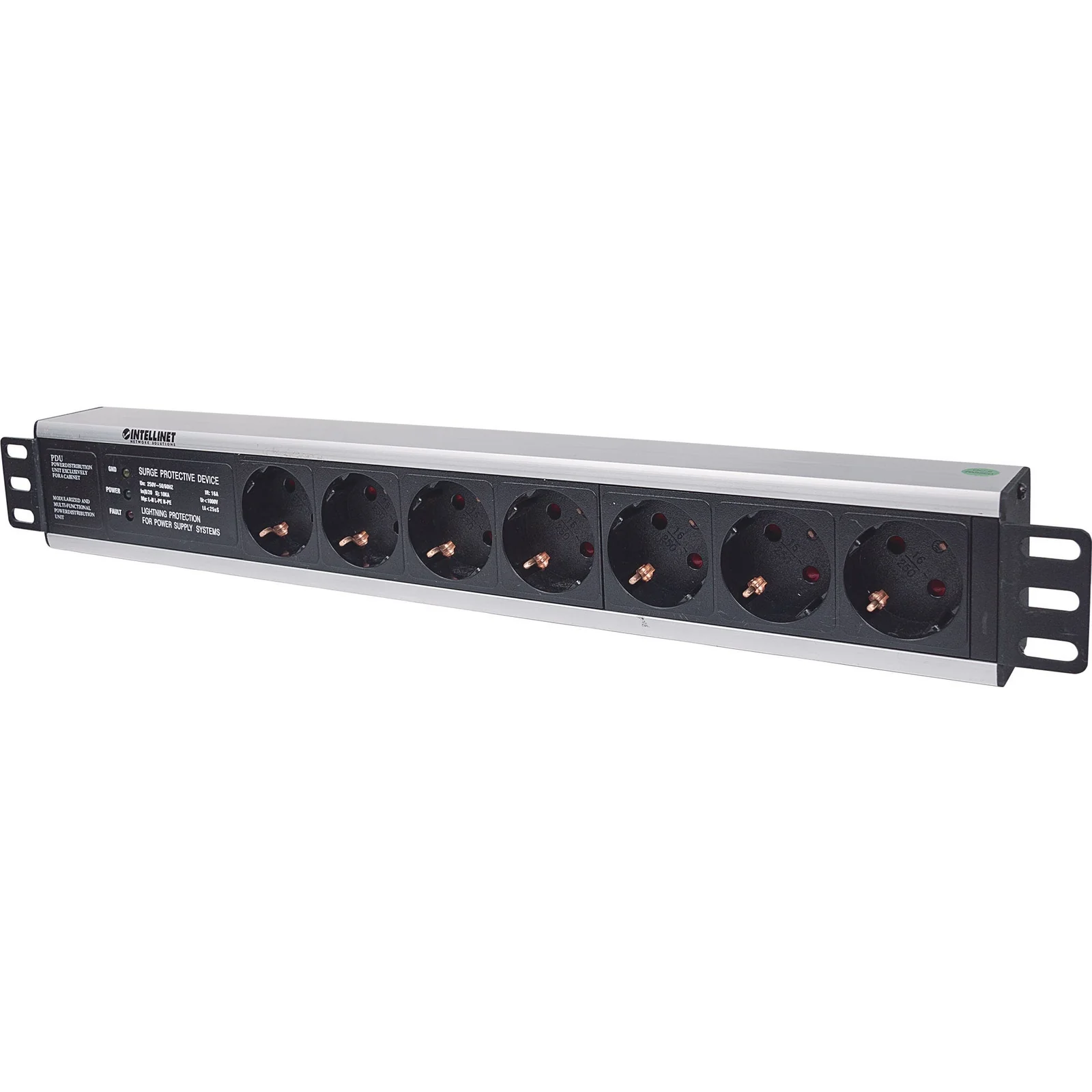 Unité de distribution d’alimentation (PDU) 19" 1,5U à 7 prises EU, avec protection contre les surtensions, prises EU CEE 7/3, câble d’alimentation 3 m, sortie, montage en rack, garantie trois ans