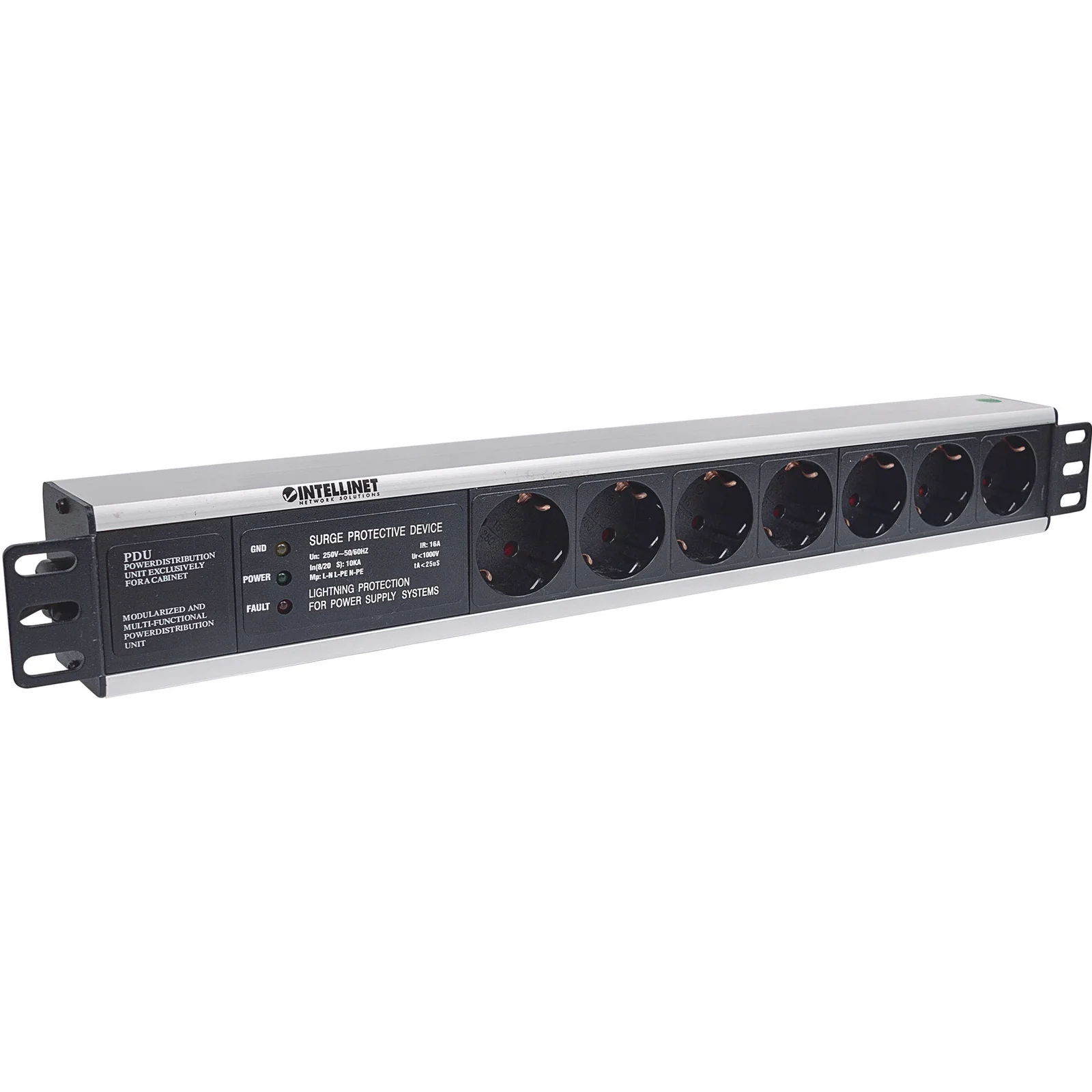 Intellinet Unité de distribution d’alimentation (PDU) 19" 1,5U à 7 prises EU, avec protection contre les surtensions, prises EU CEE 7/3, câble d’alimentation 3 m, sortie, montage en rack, garantie trois ans