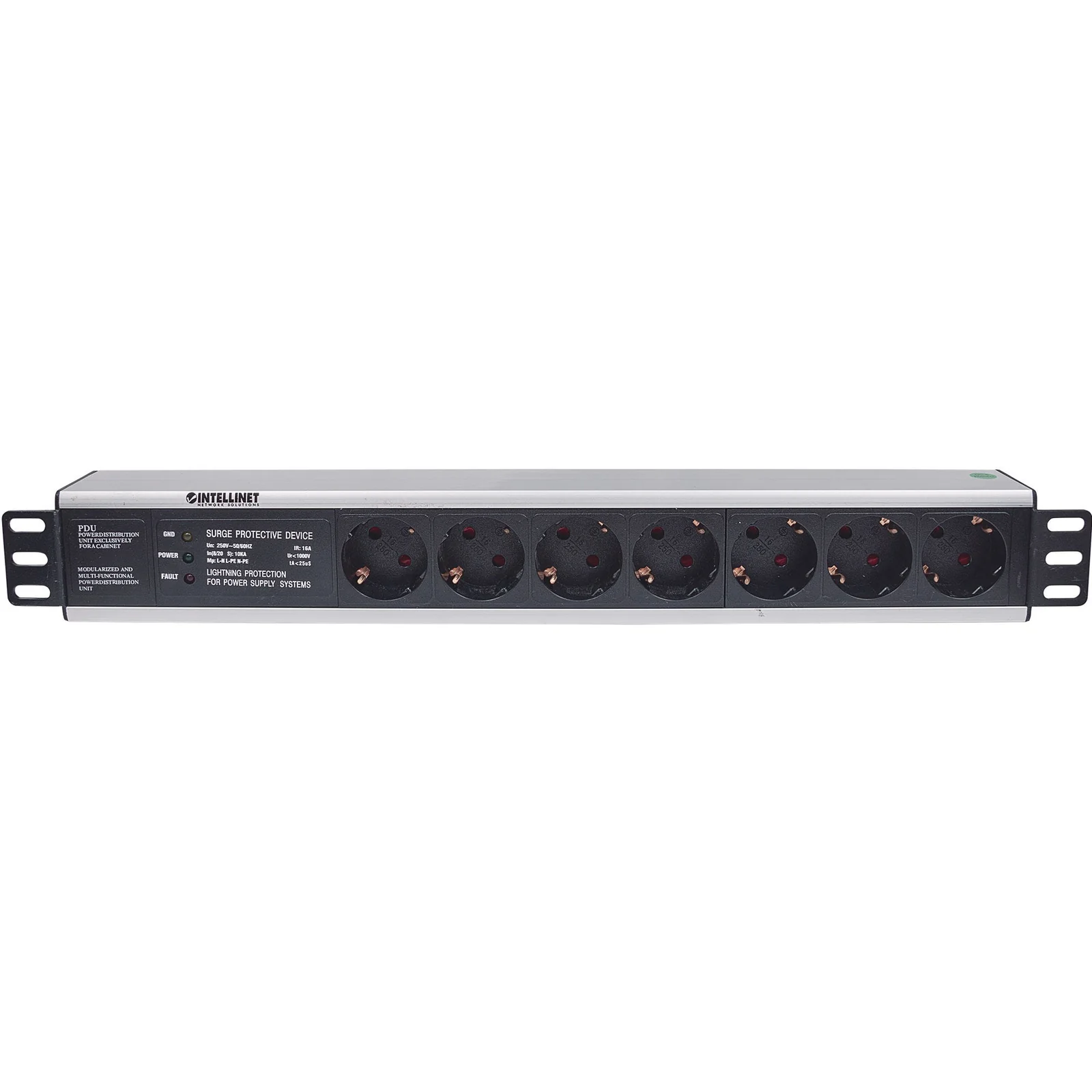 Intellinet Unité de distribution d’alimentation (PDU) 19" 1,5U à 7 prises EU, avec protection contre les surtensions, prises EU CEE 7/3, câble d’alimentation 3 m, sortie, montage en rack, garantie trois ans