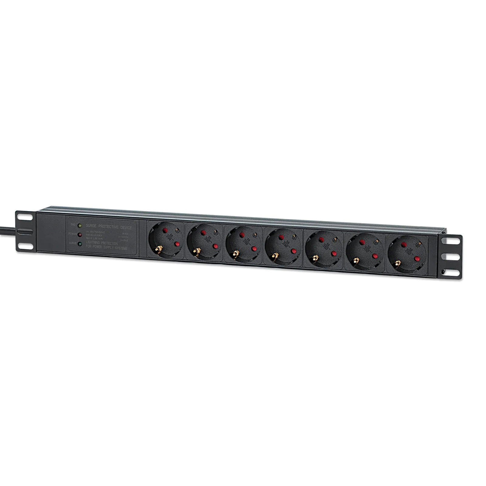 Unité de distribution d’alimentation (PDU) 19" 1U à 7 prises EU, protection contre les surtensions (500 joules / 19 500 A), 16 A, montage horizontal, prises EU CEE 7/3, câble d’alimentation 3 m, sortie, montage en rack, garantie trois ans