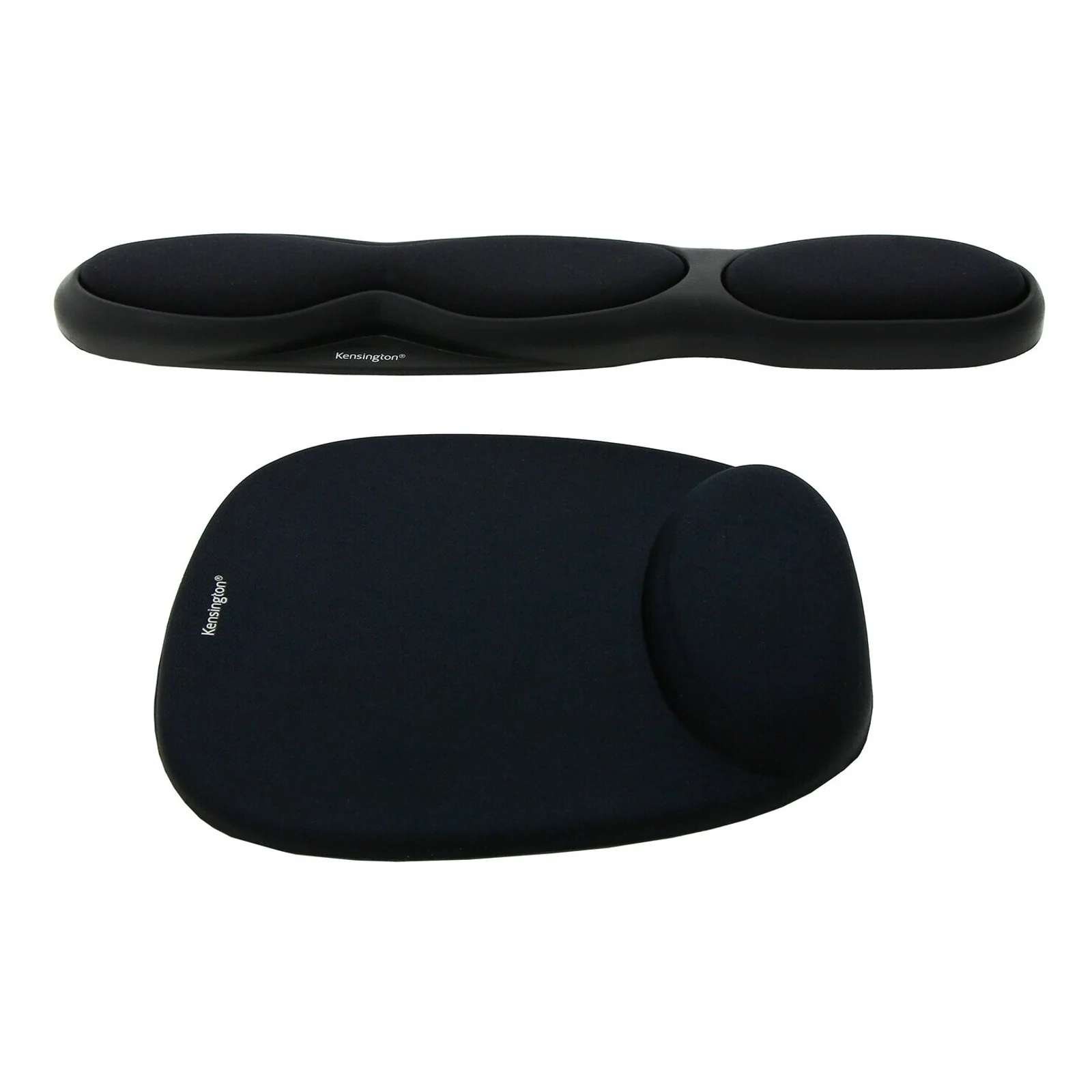 Tapis de souris Kensington et repose-poignets clavier noirs en mousse posés à plat, vue de dessus