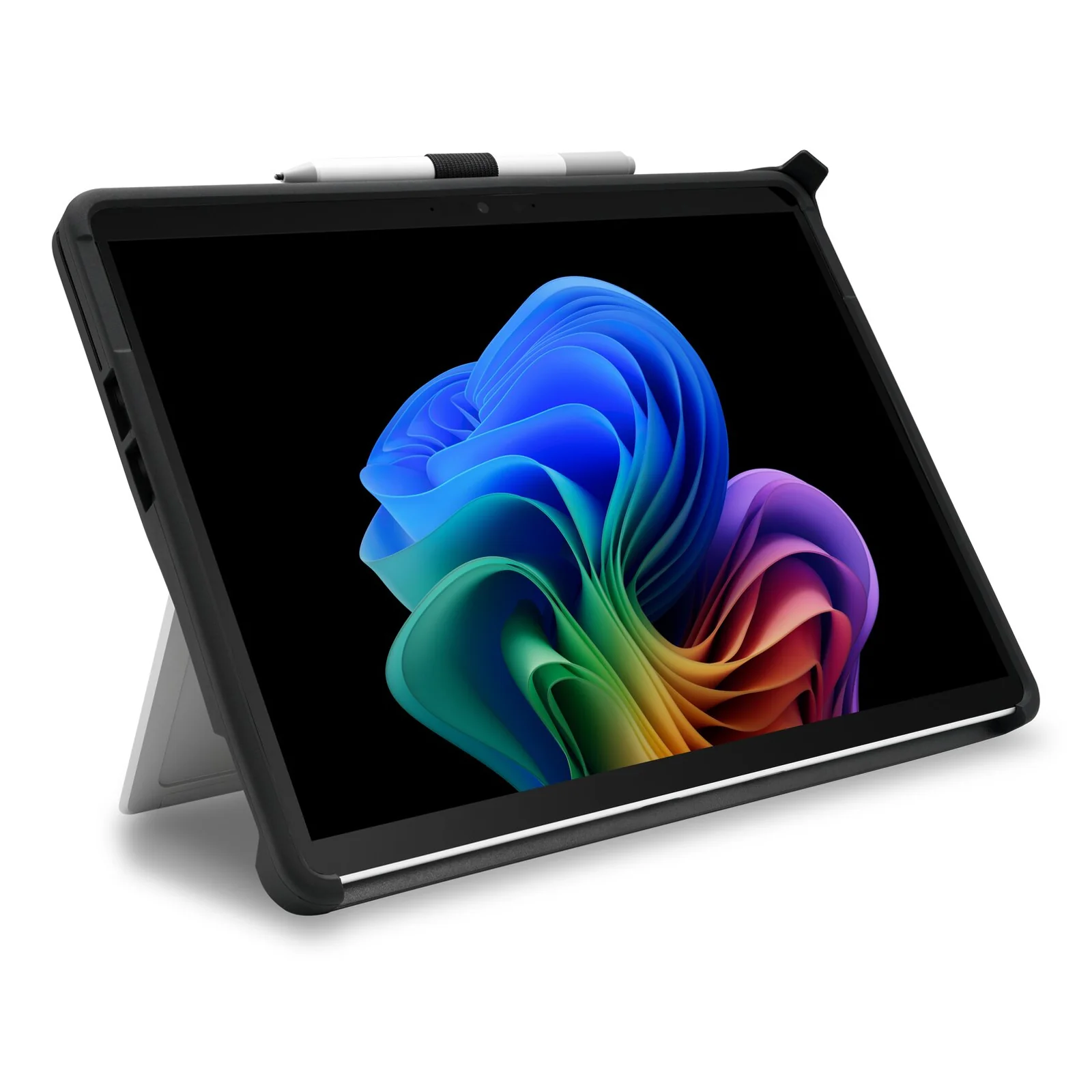Coque BlackBelt EQ vue de face avec Surface Pro sous Windows 11, pied déployé