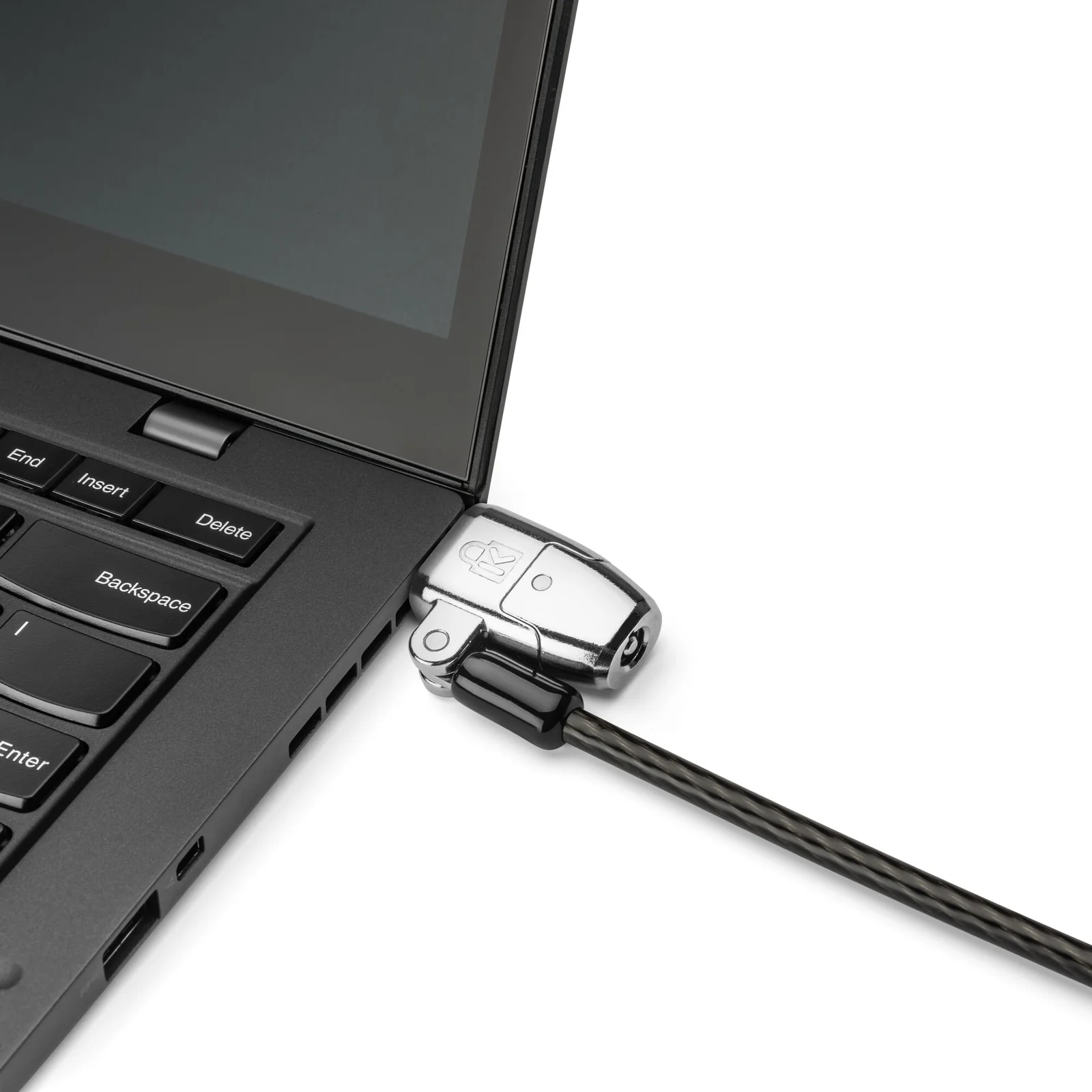Câble de sécurité Kensington verrouillé sur laptop, vue de profil