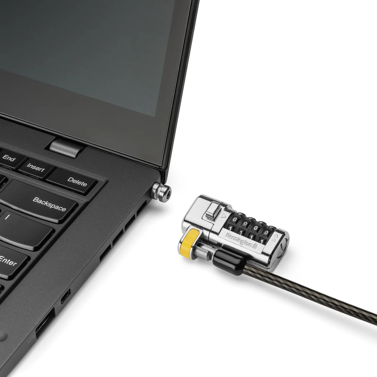 Antivol Kensington ClickSafe dans le slot de sécurité d'un laptop, vue de profil