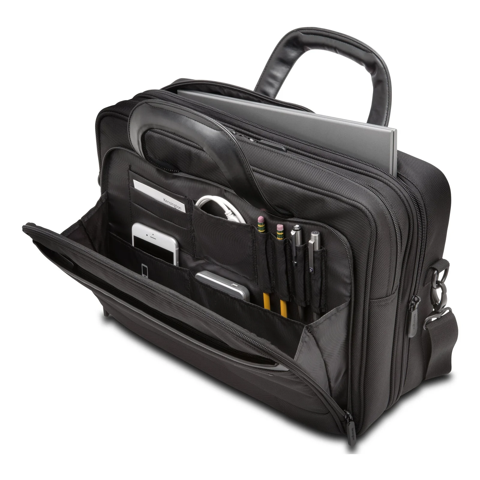 Intérieur organisé de la Kensington Contour 2.0 ouverte, pochettes latérales, porte-stylos et accessoires
