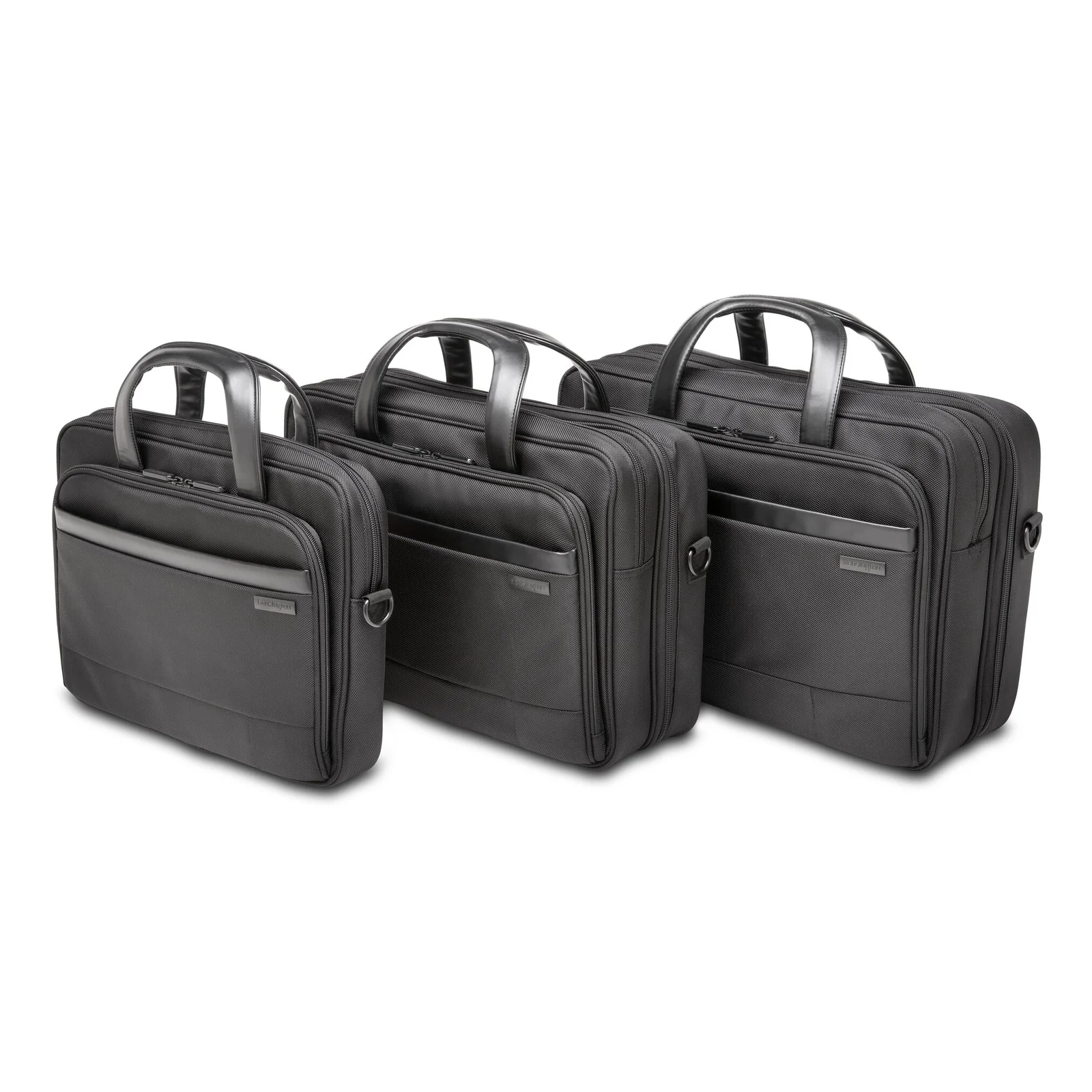 Trois tailles de la gamme Kensington Contour 2.0 Business noires disposées côte à côte